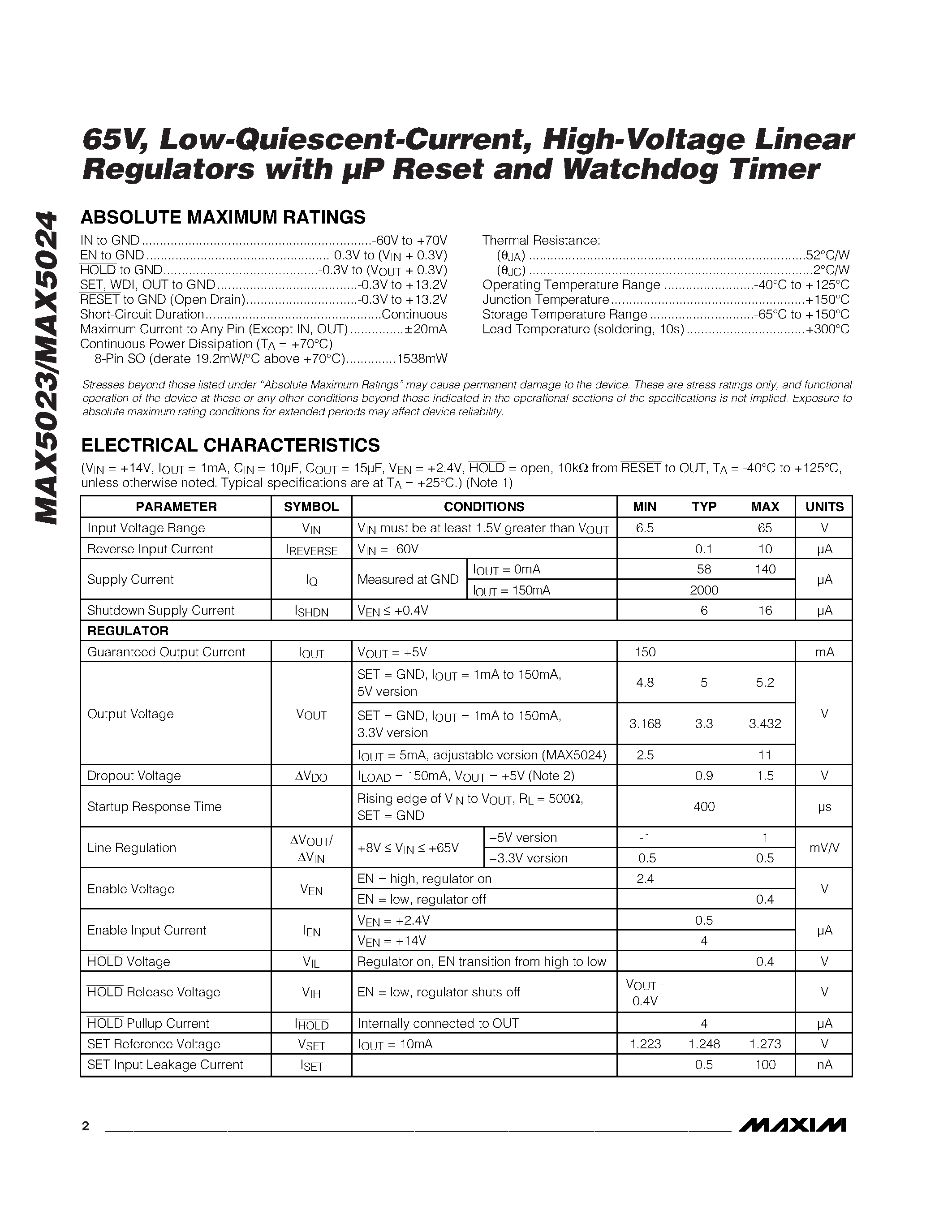Datasheet MAX5024ASA page 2 Datasheet MAX5024ASA - 65V / Low-Quiescent-Current / High-Voltage Linear Regulators with P Reset and Watchdog Timer page 2