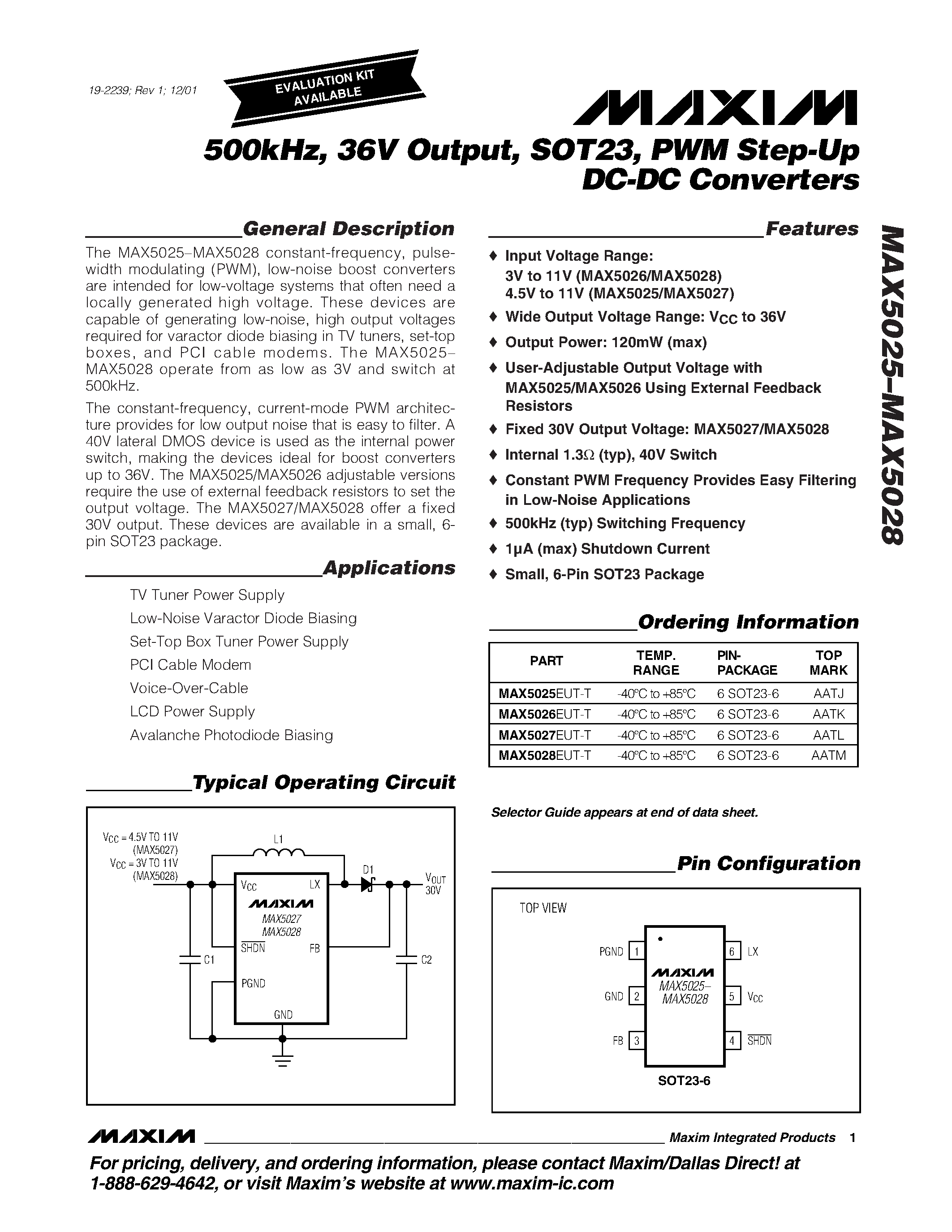 Даташит MAX5025EUT-T - 500kHz / 36V Output / SOT23 / PWM Step-Up DC-DC Converters страница 1