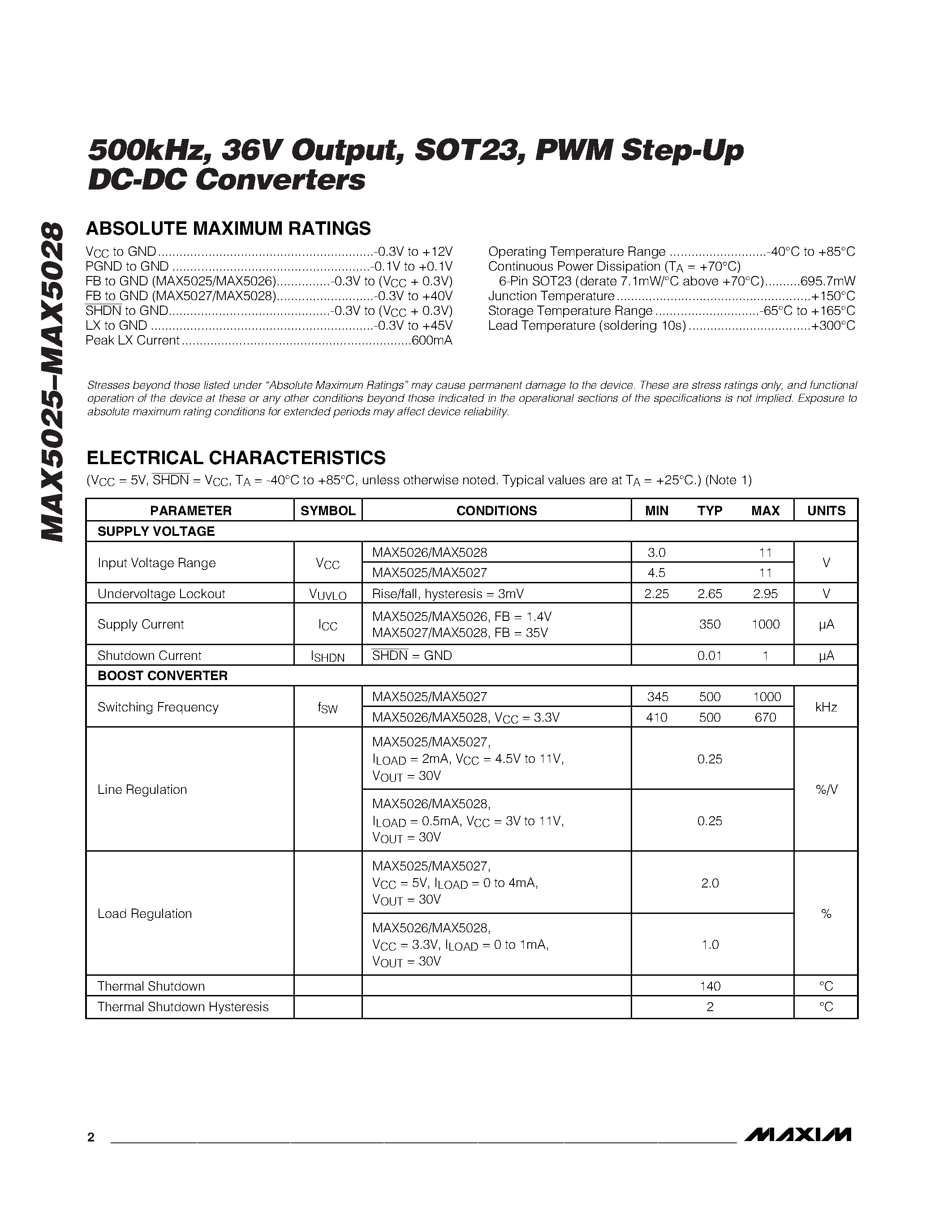 Даташит MAX5027EUT-T - 500kHz / 36V Output / SOT23 / PWM Step-Up DC-DC Converters страница 2