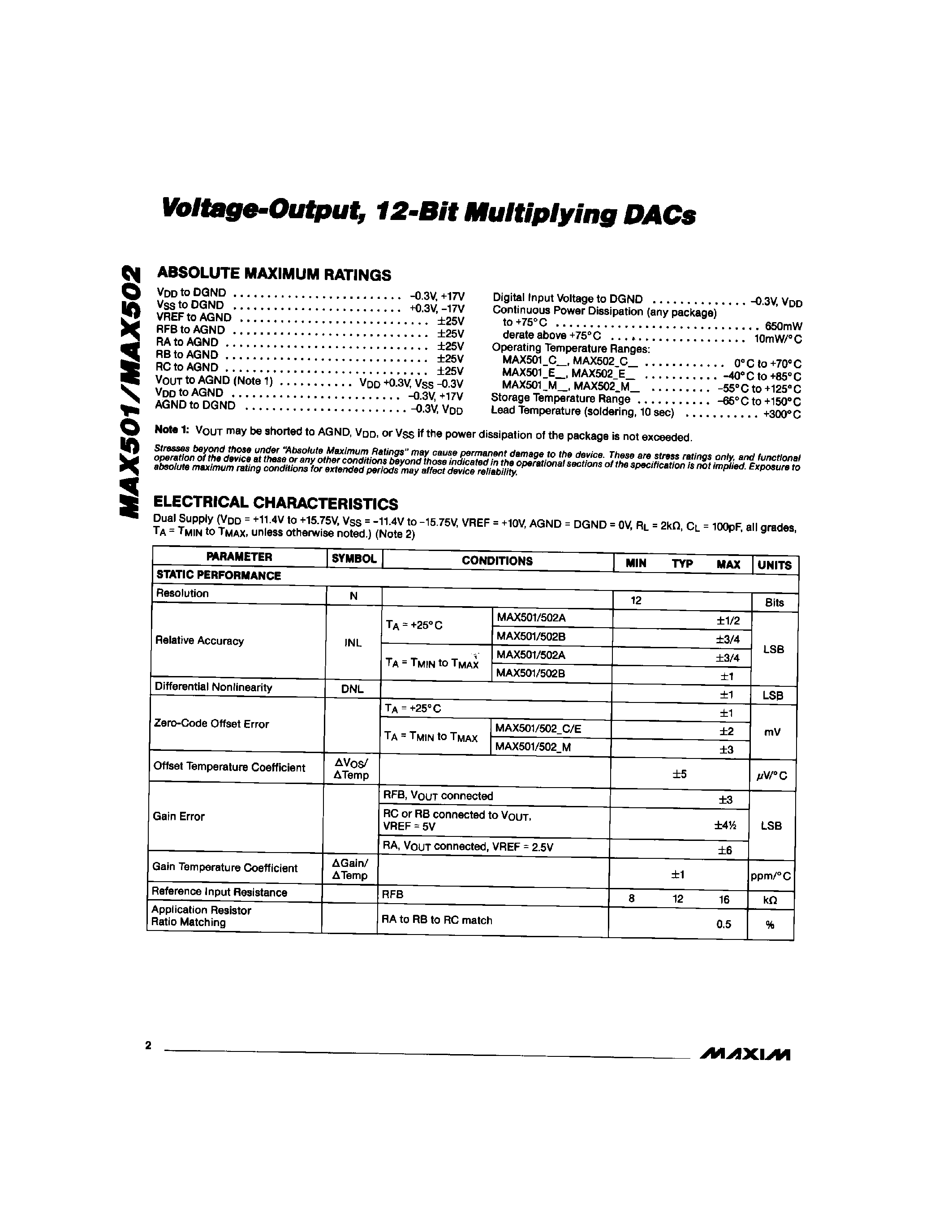 Datasheet MAX502 - Voltage-Output / 12-Bit Multiplying DACs page 2
