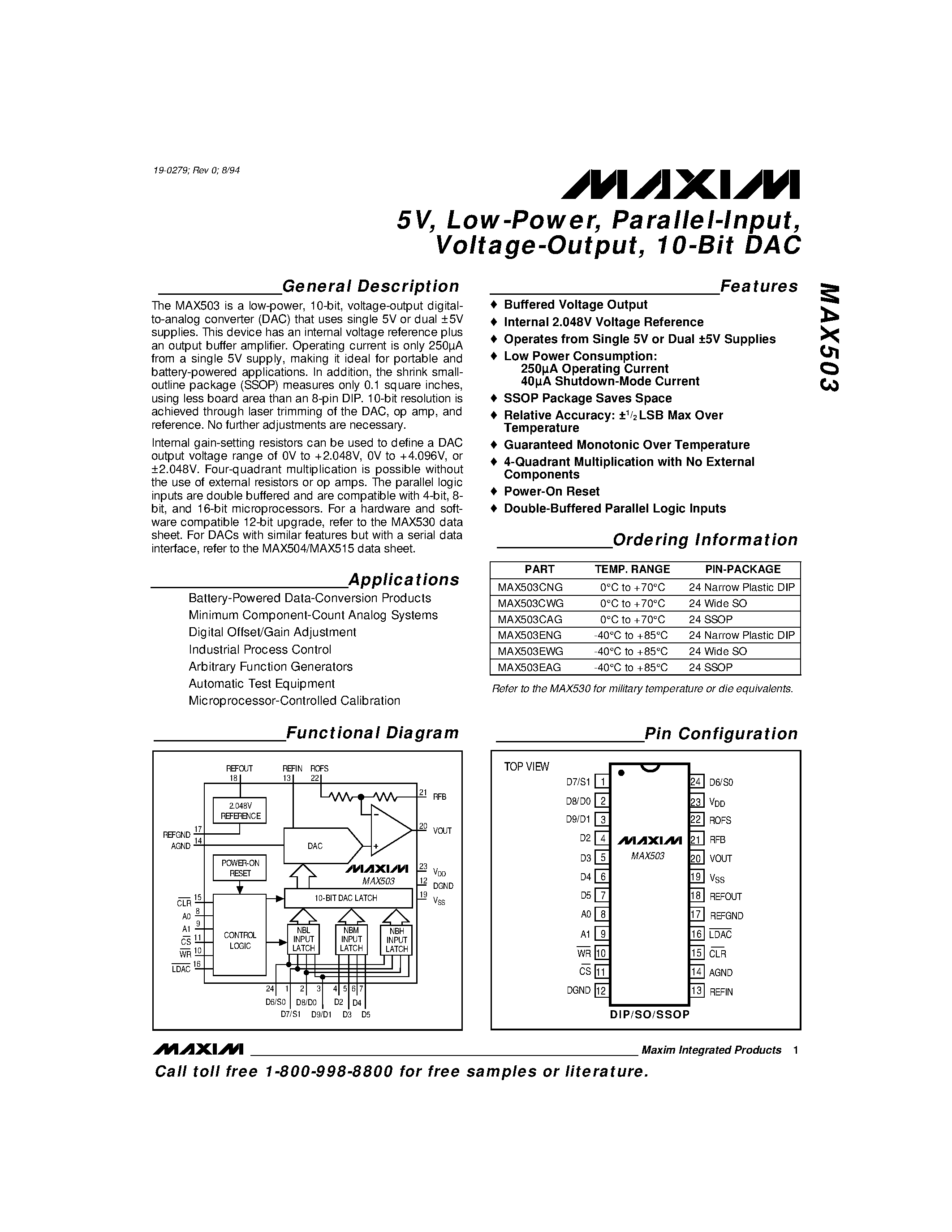 Datasheet MAX503 - 5V / Low-Power / Parallel-Input / Voltage-Output / 10-Bit DAC page 1