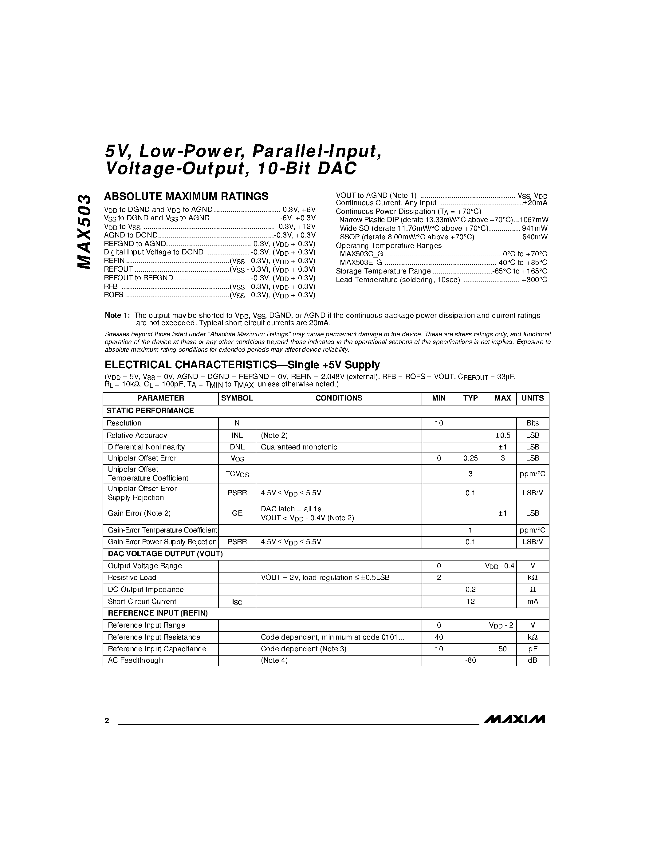 Datasheet MAX503 - 5V / Low-Power / Parallel-Input / Voltage-Output / 10-Bit DAC page 2