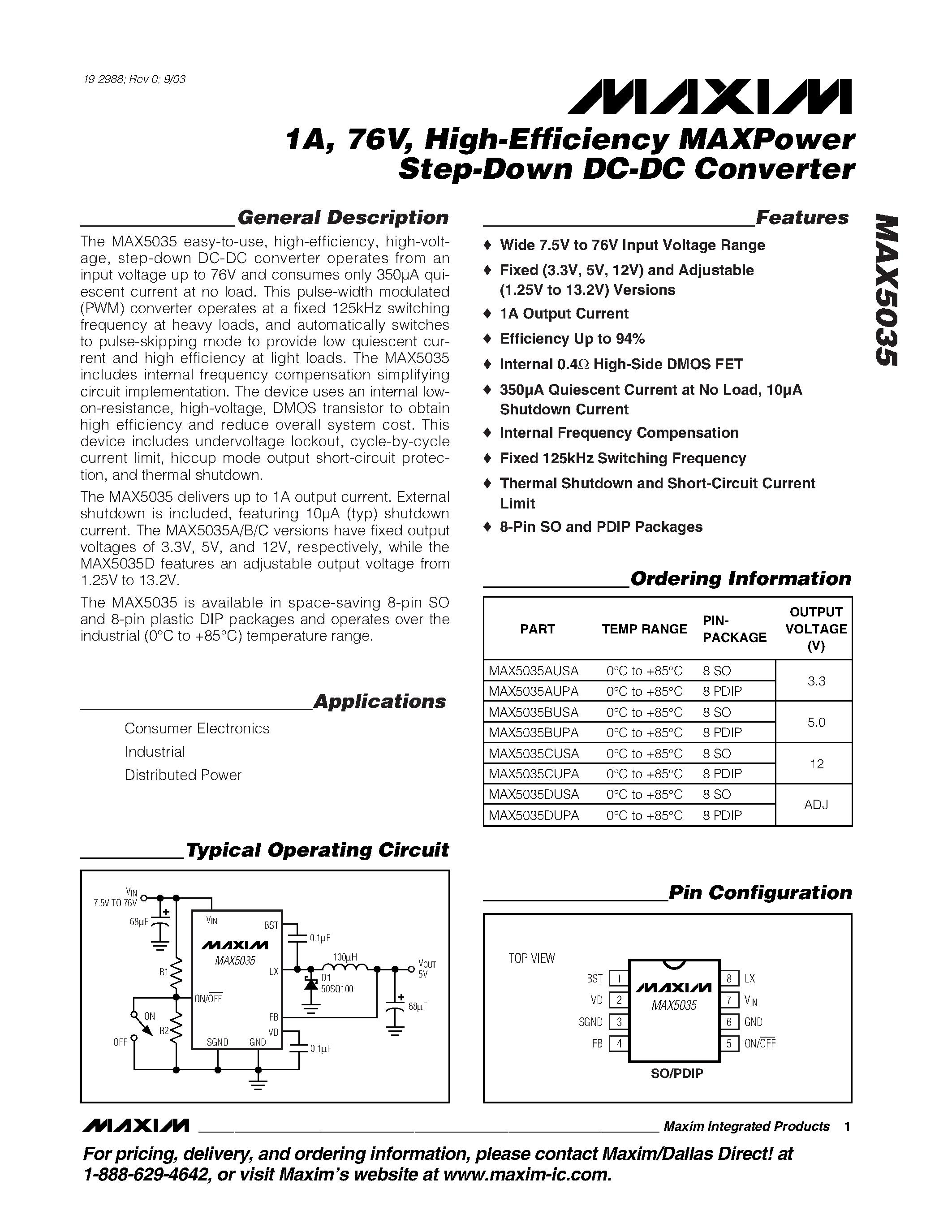 Datasheet MAX5035 - 1A / 76V / High-Efficiency MAXPower Step-Down DC-DC Converter page 1