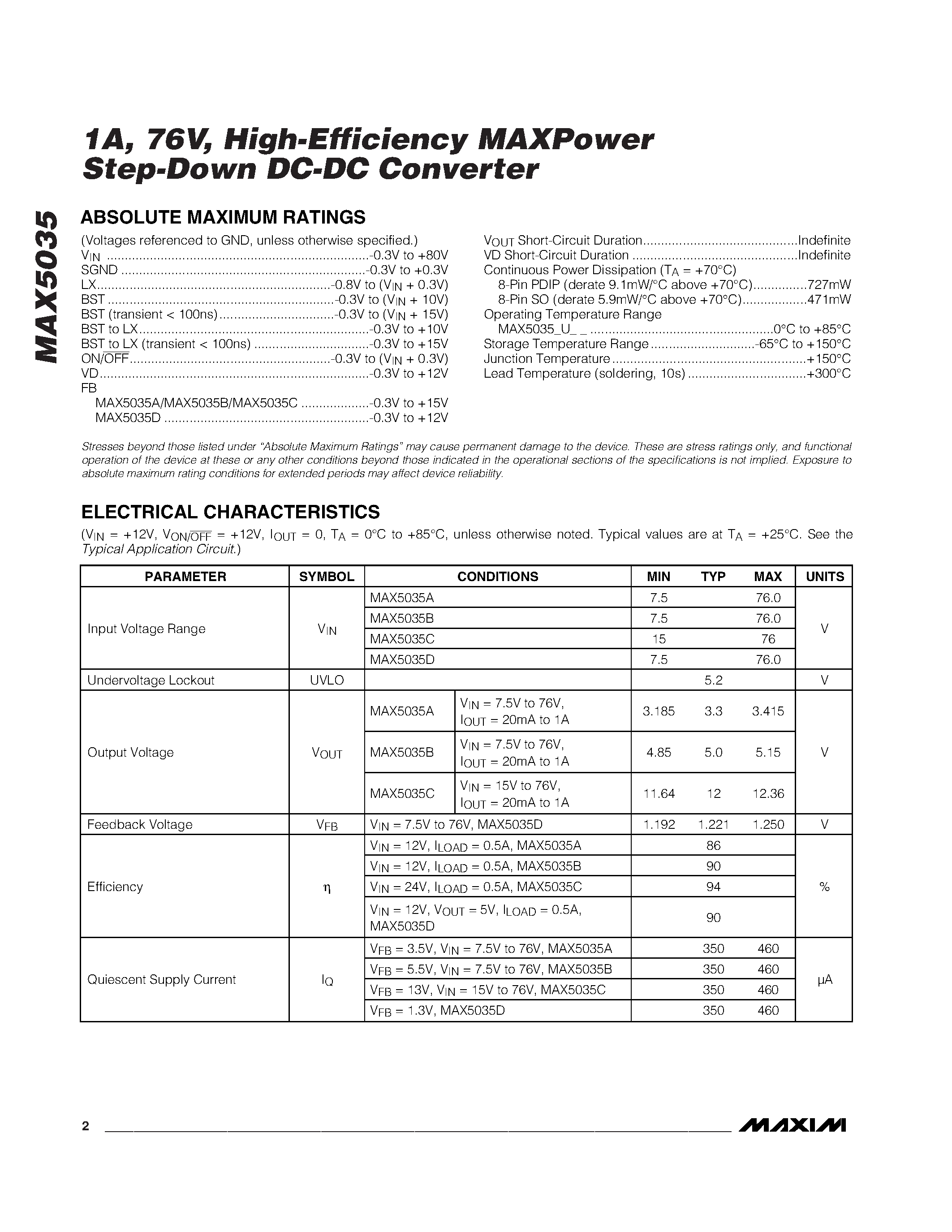 Datasheet MAX5035 - 1A / 76V / High-Efficiency MAXPower Step-Down DC-DC Converter page 2