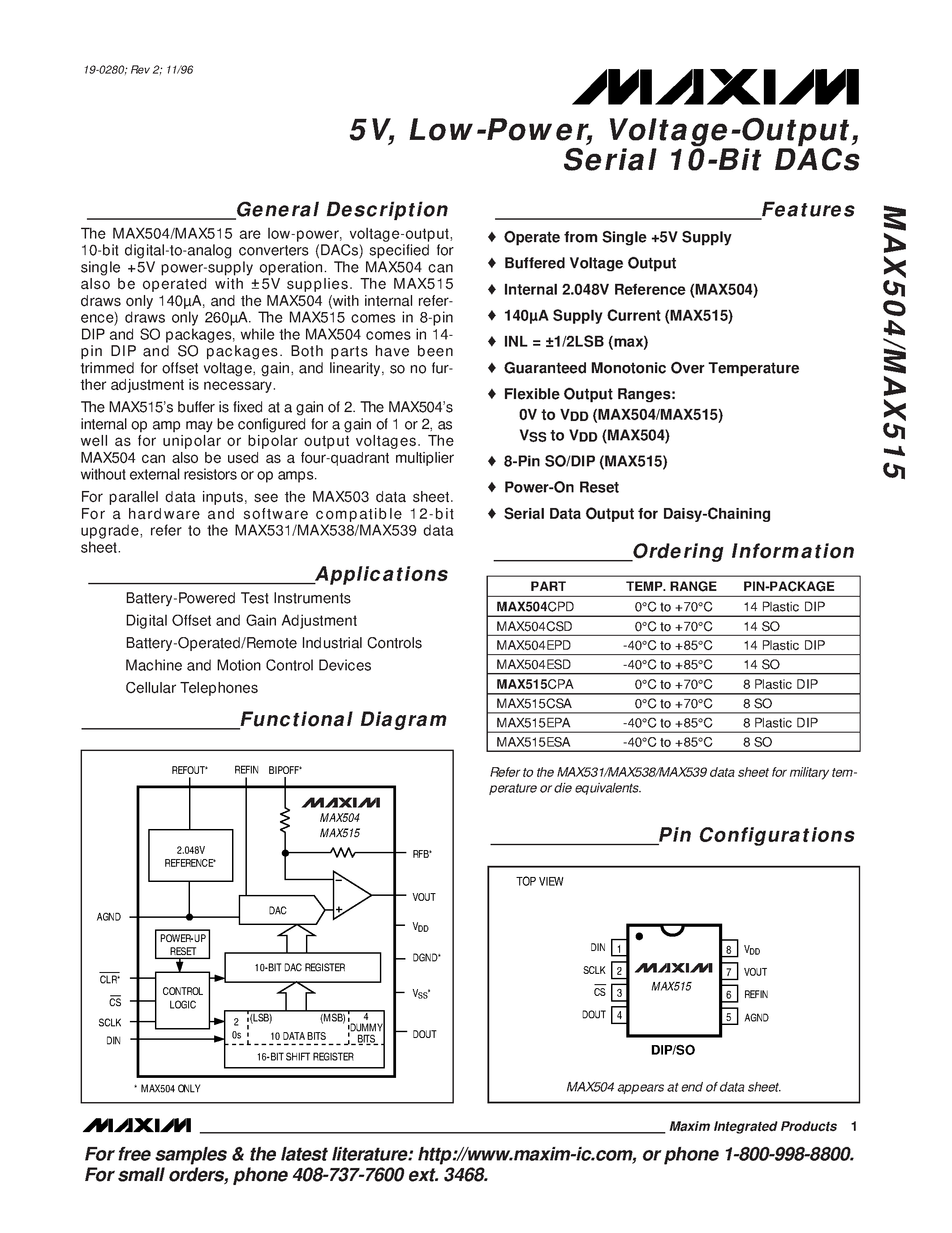 Datasheet MAX504 - 5V / Low-Power / Voltage-Output / Serial 10-Bit DACs page 1