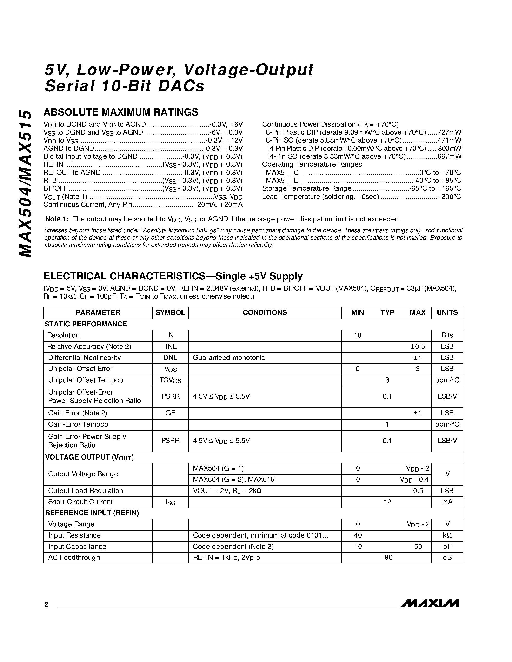 Datasheet MAX504 - 5V / Low-Power / Voltage-Output / Serial 10-Bit DACs page 2