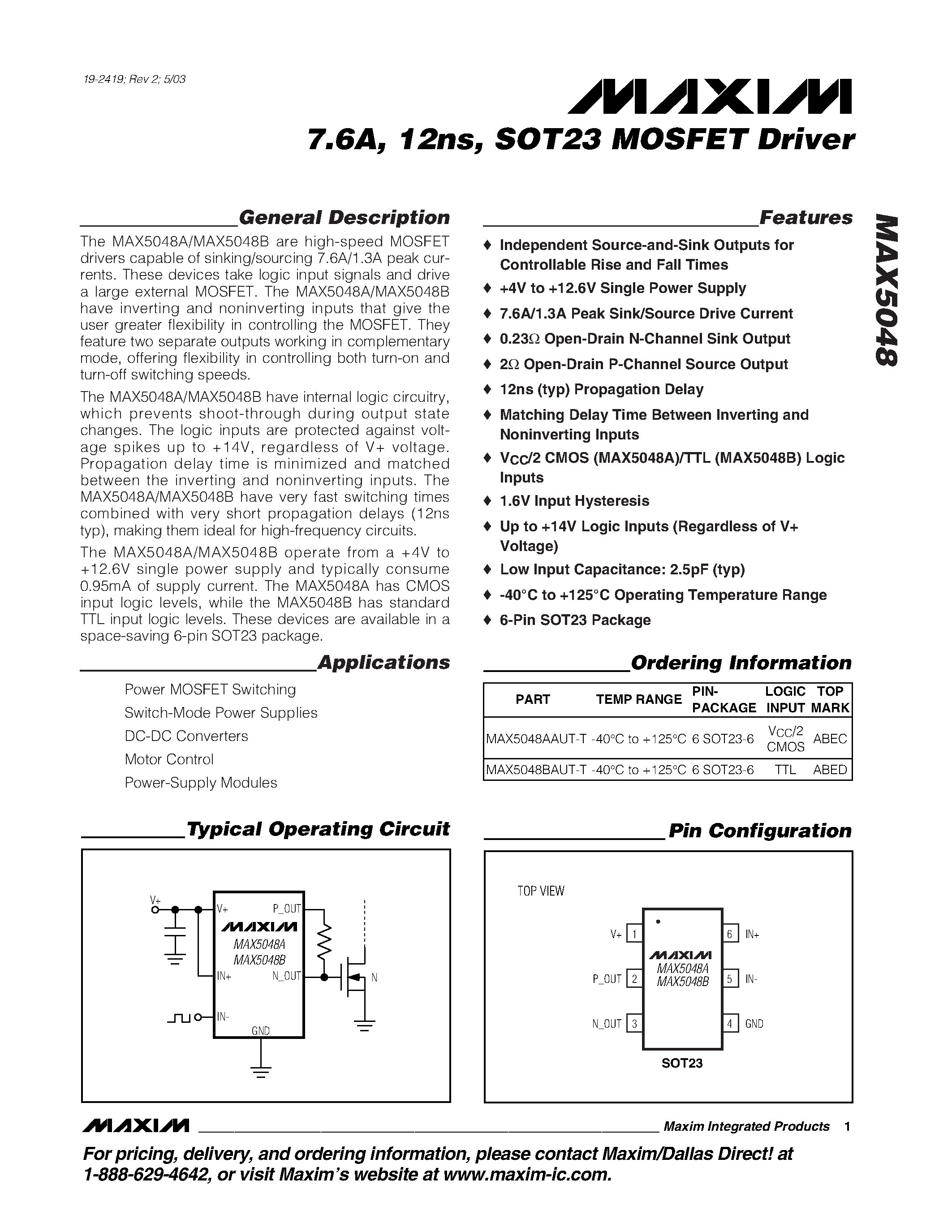 Даташит на микросхему MAX5048 страница 1 Даташит MAX5048 - 7.6A / 12ns / SOT23 MOSFET Driver страница 1