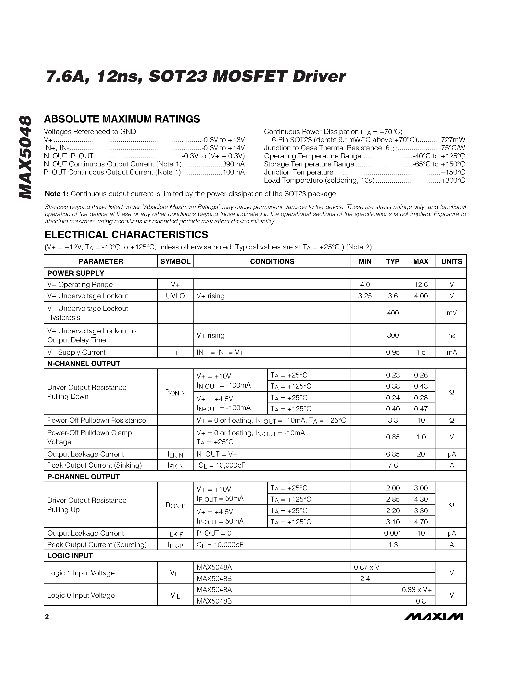 Даташит на микросхему MAX5048 страница 2 Даташит MAX5048 - 7.6A / 12ns / SOT23 MOSFET Driver страница 2