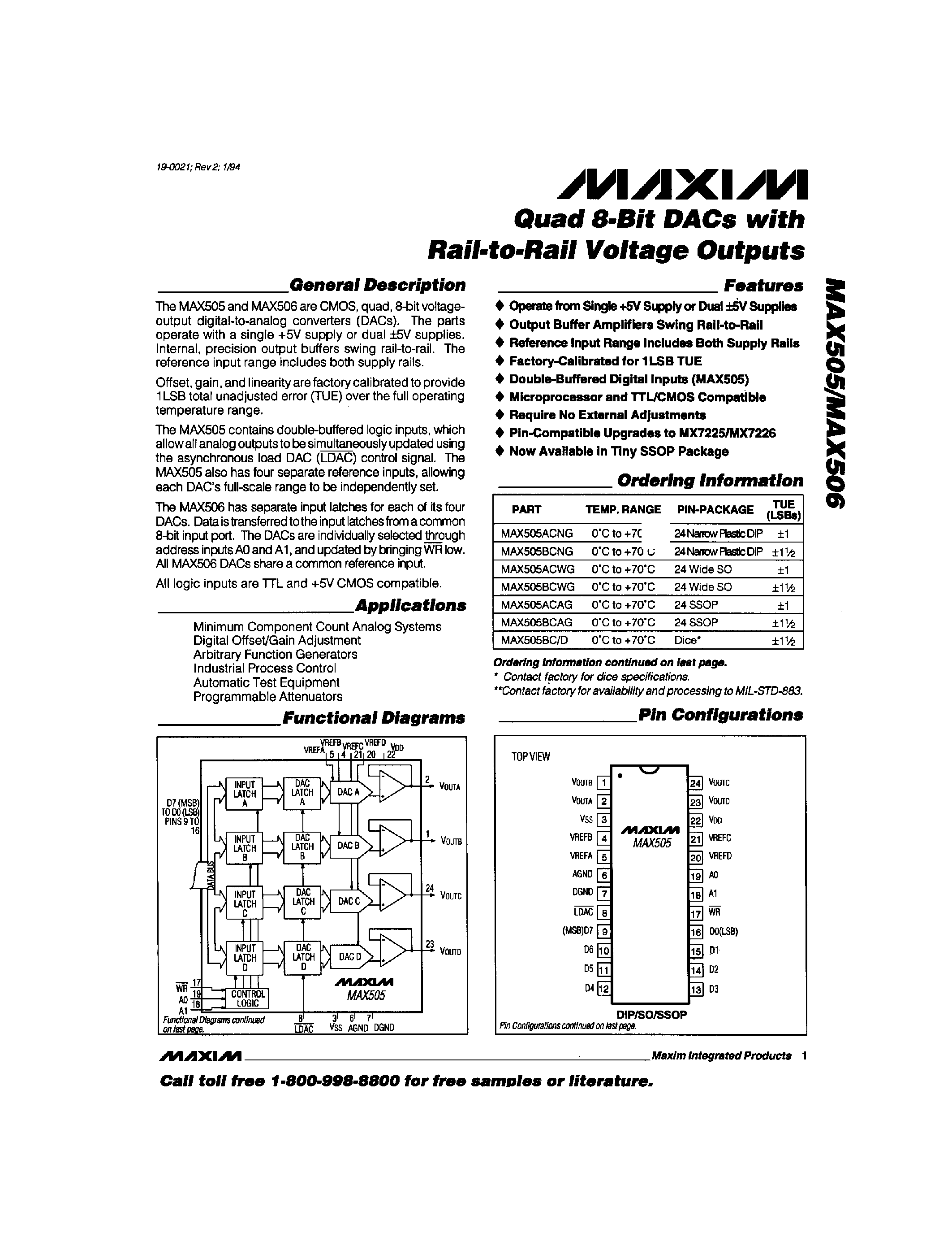 Datasheet MAX505 - Quad 8-Bit DACs with Rail-to-Rail Voltage Outputs page 1