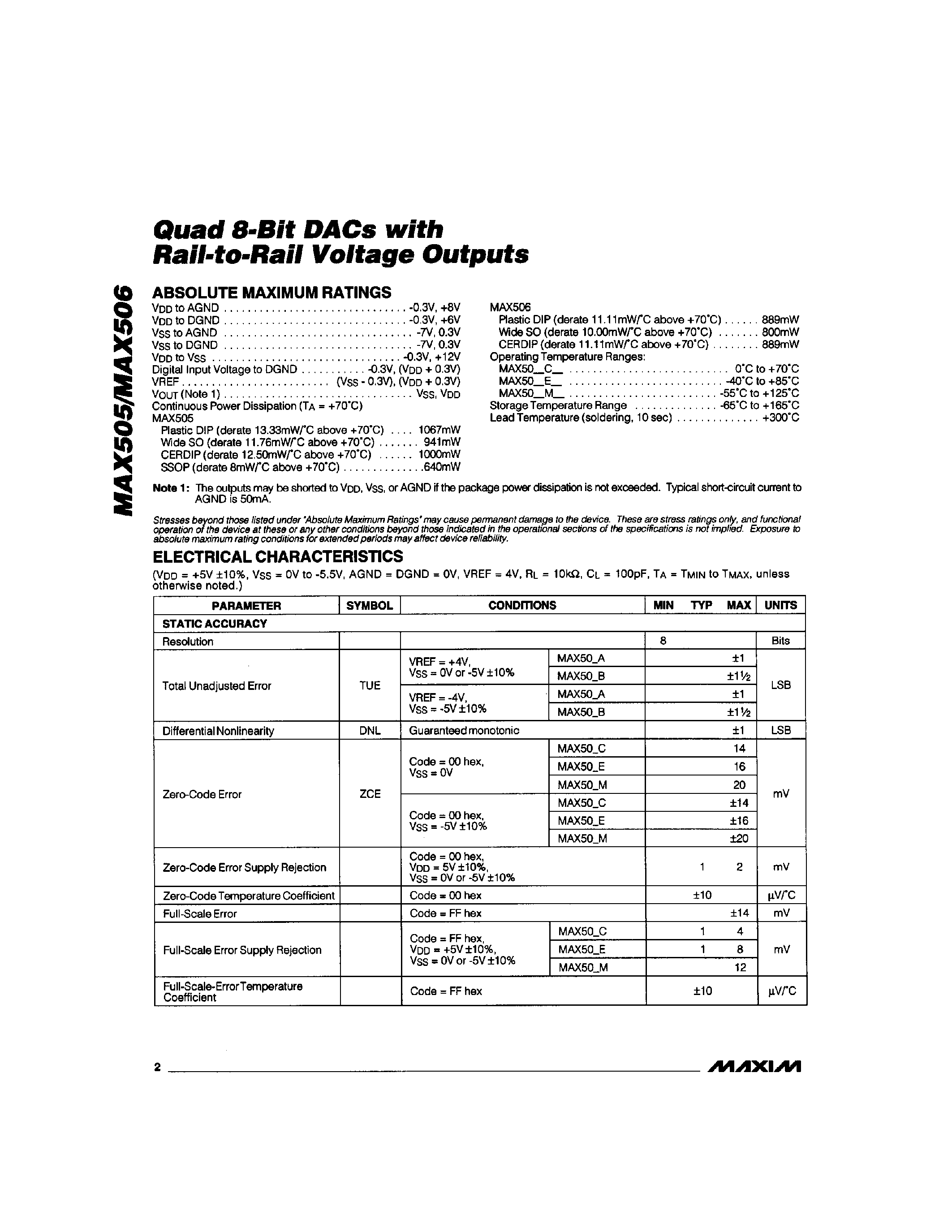 Datasheet MAX505 - Quad 8-Bit DACs with Rail-to-Rail Voltage Outputs page 2