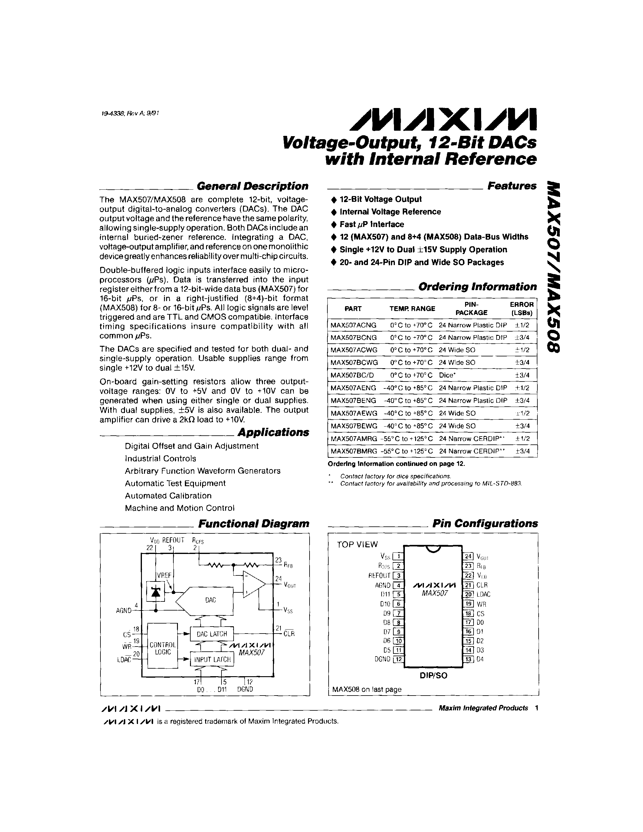 Datasheet MAX507 - Voltage-Output / 12-Bit DACs with Internal Reference page 1