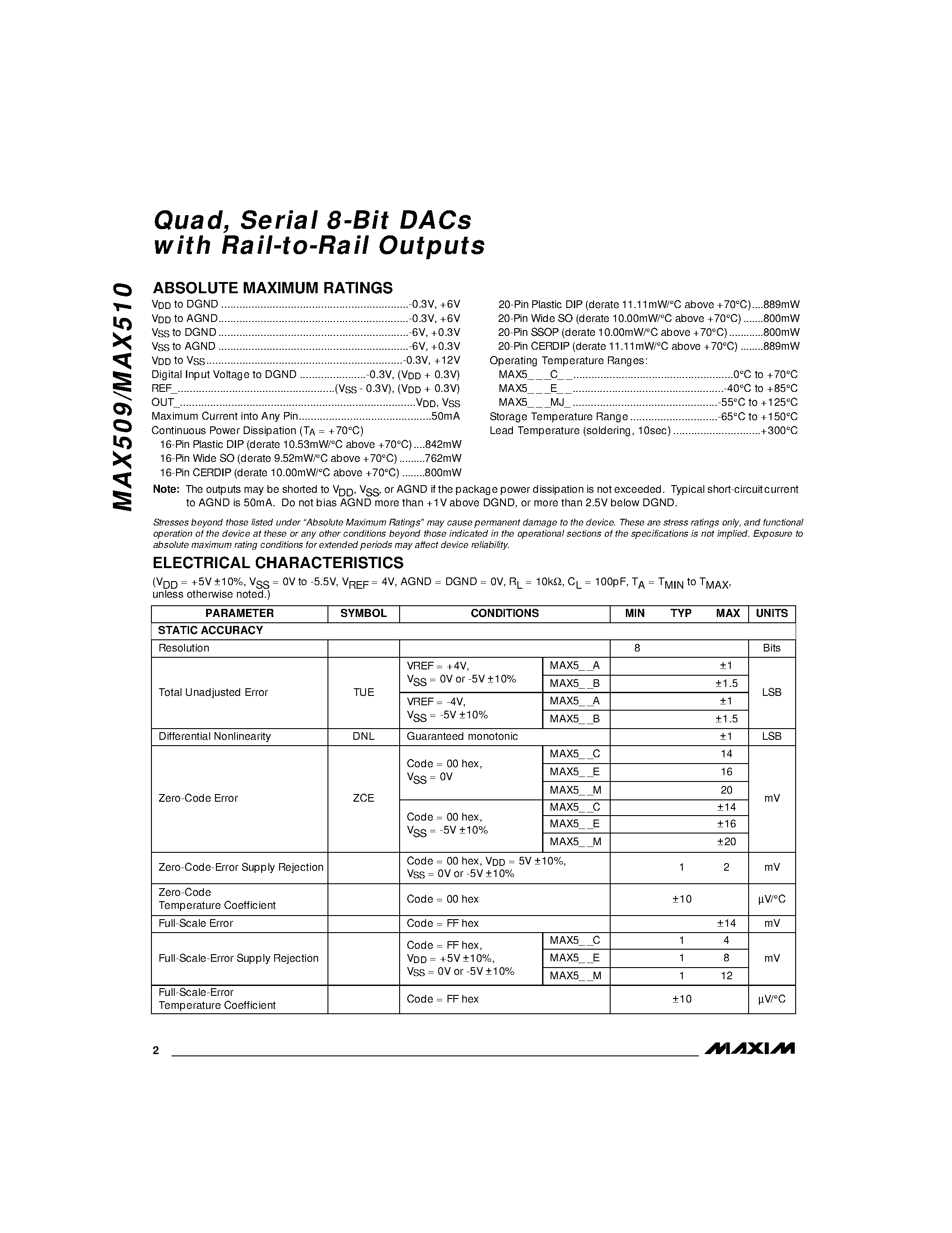 Datasheet MAX509 - Quad / Serial 8-Bit DACs with Rail-to-Rail Outputs page 2