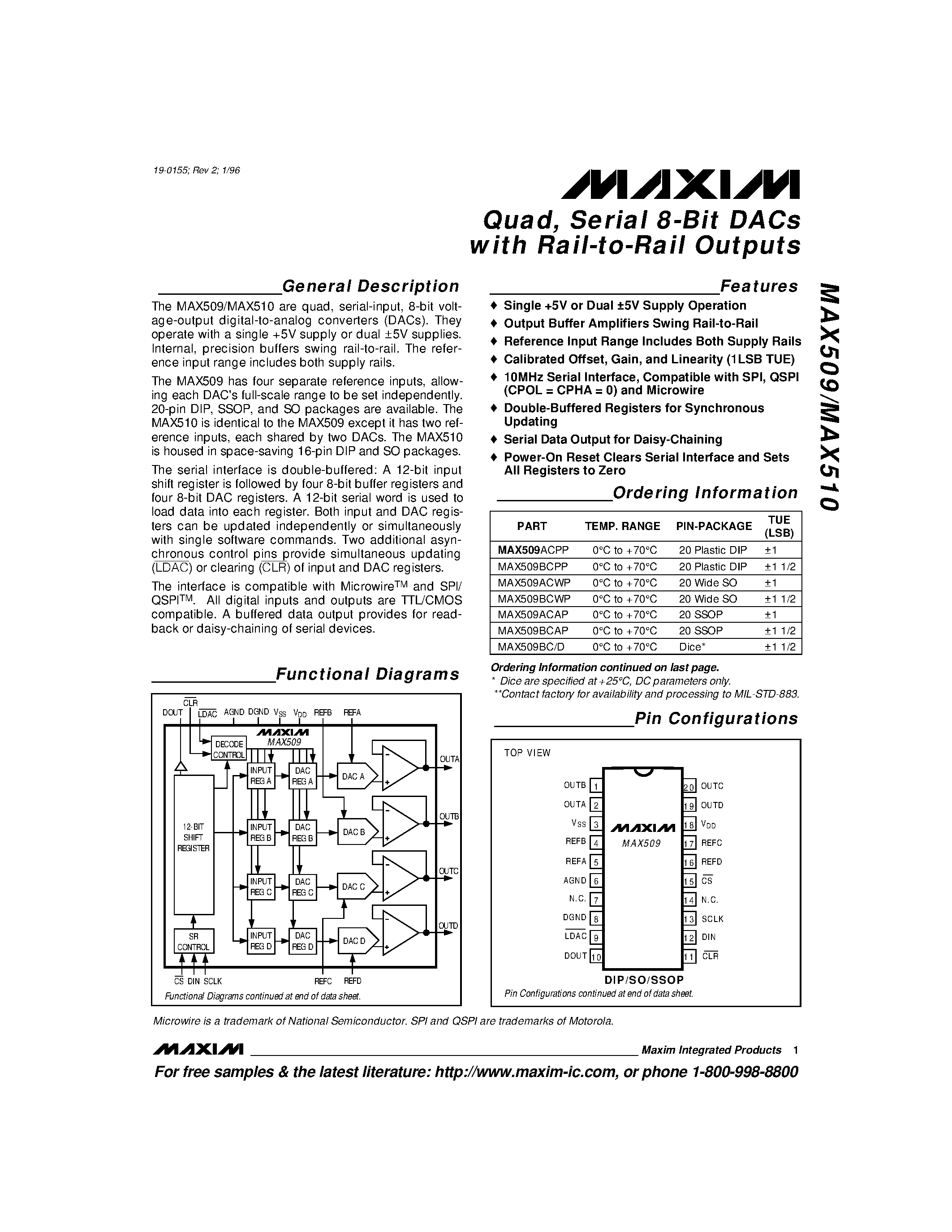 Datasheet MAX510 page 1 Datasheet MAX510 - Quad / Serial 8-Bit DACs with Rail-to-Rail Outputs page 1