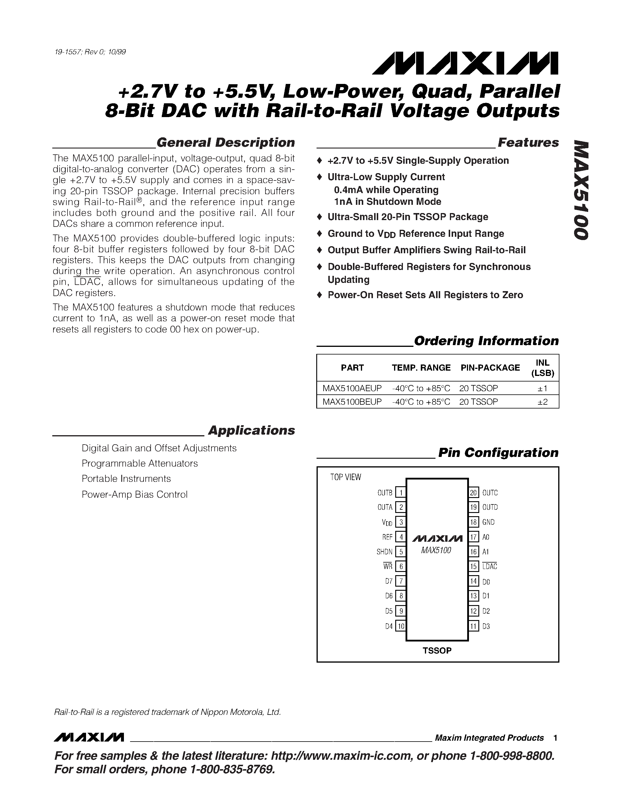 Datasheet MAX5100 - +2.7V to +5.5V / Low-Power / Quad / Parallel 8-Bit DAC with Rail-to-Rail Voltage Outputs page 1
