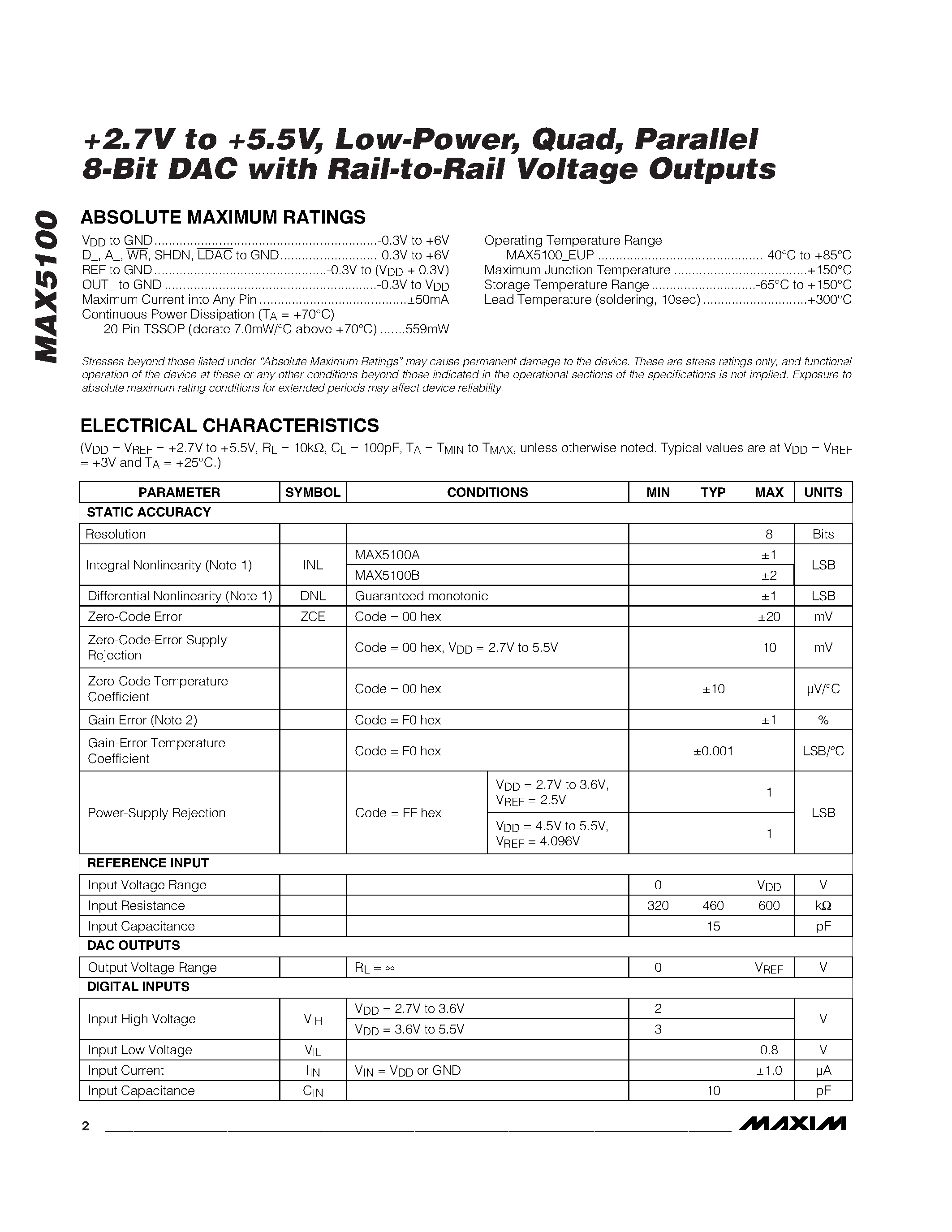 Datasheet MAX5100 - +2.7V to +5.5V / Low-Power / Quad / Parallel 8-Bit DAC with Rail-to-Rail Voltage Outputs page 2