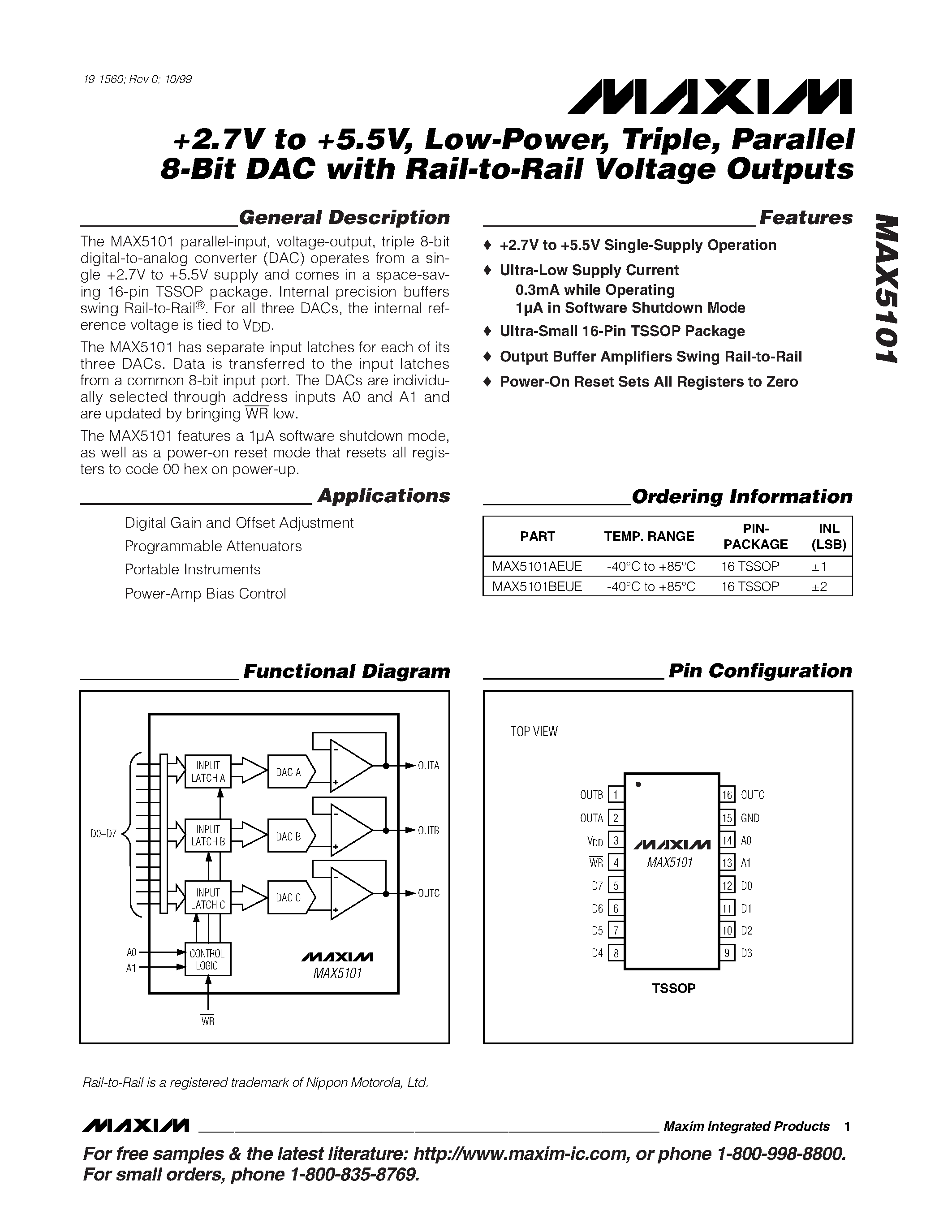 Datasheet MAX5101 - +2.7V to +5.5V / Low-Power / Triple / Parallel 8-Bit DAC with Rail-to-Rail Voltage Outputs page 1
