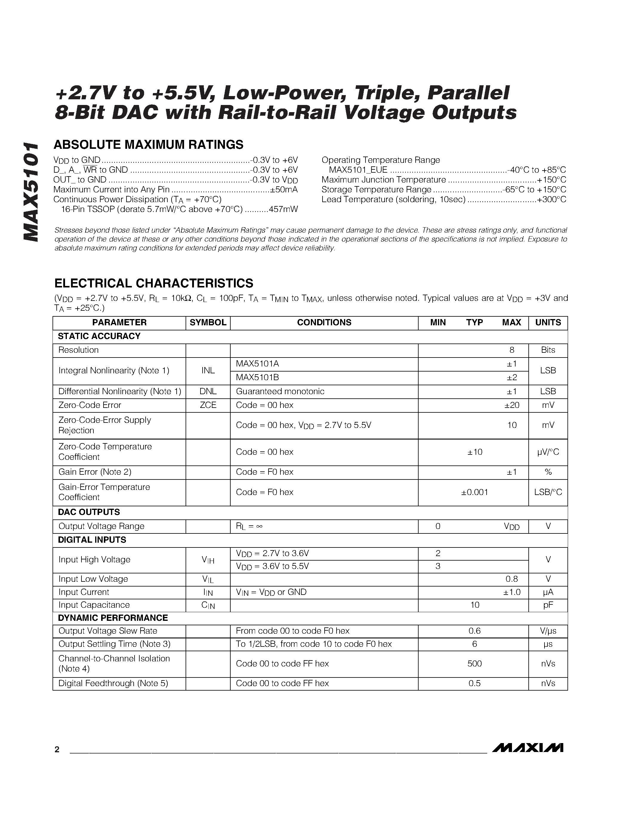 Datasheet MAX5101 - +2.7V to +5.5V / Low-Power / Triple / Parallel 8-Bit DAC with Rail-to-Rail Voltage Outputs page 2