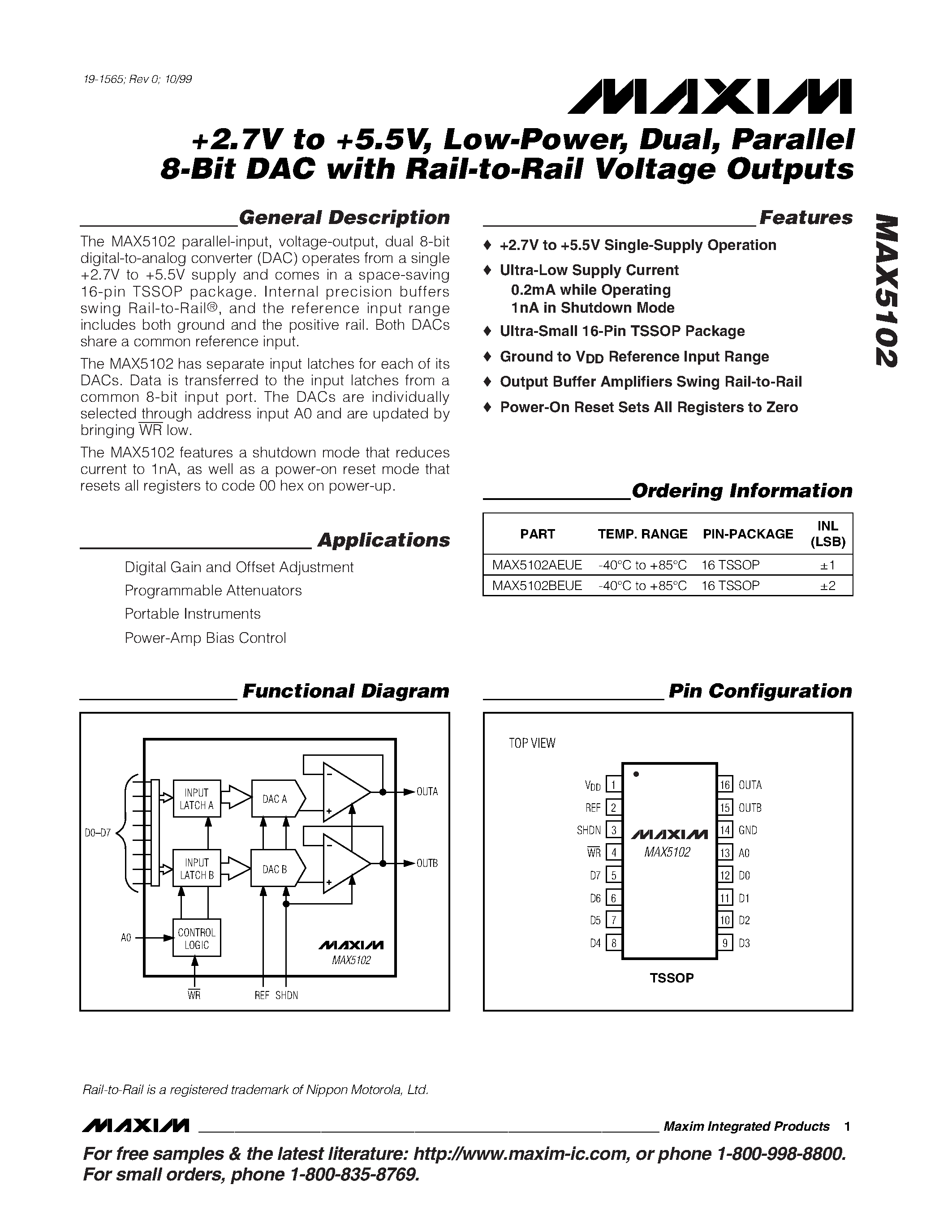 Datasheet MAX5102 - +2.7V to +5.5V / Low-Power / Dual / Parallel 8-Bit DAC with Rail-to-Rail Voltage Outputs page 1