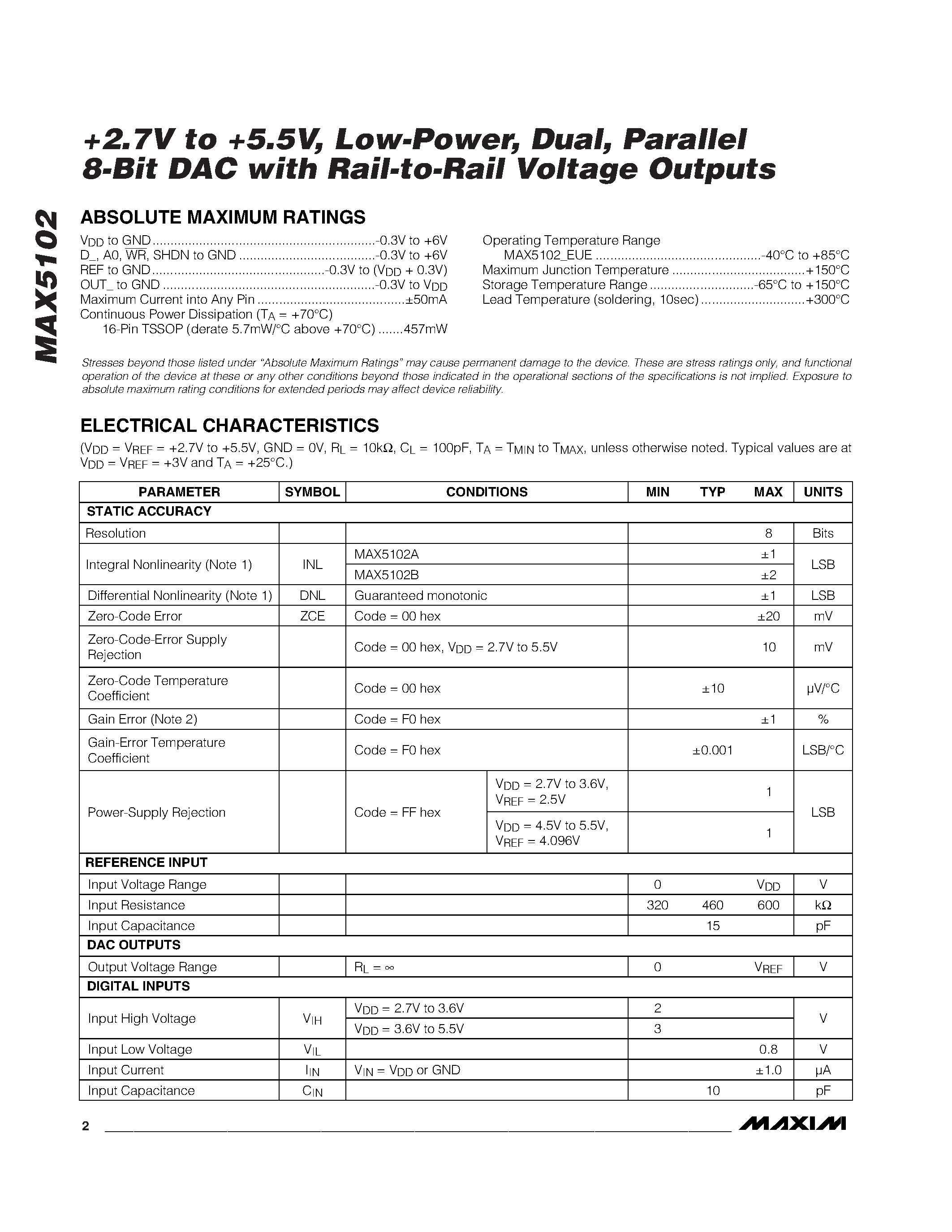 Datasheet MAX5102 - +2.7V to +5.5V / Low-Power / Dual / Parallel 8-Bit DAC with Rail-to-Rail Voltage Outputs page 2