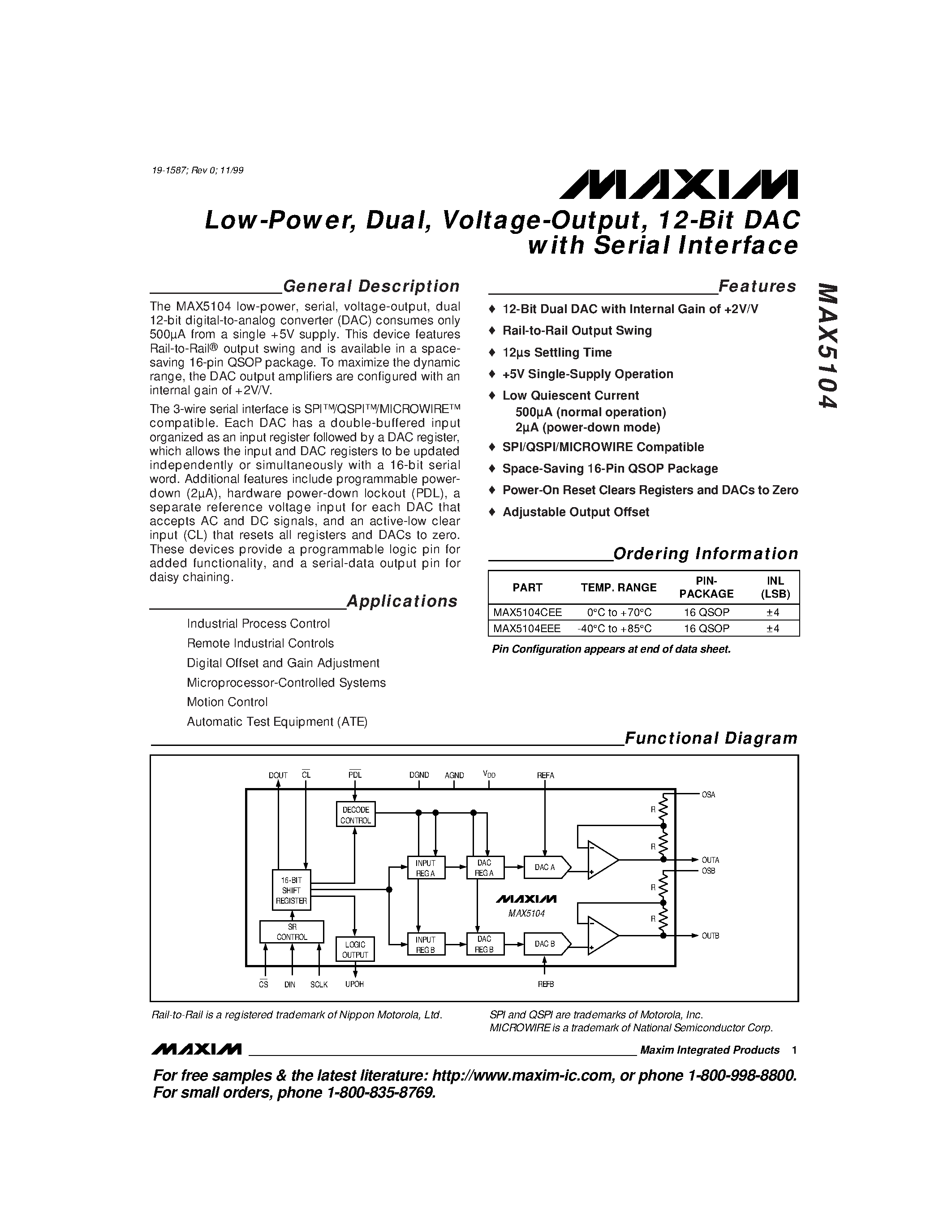 Datasheet MAX5104 - Low-Power / Dual / Voltage-Output / 12-Bit DAC with Serial Interface page 1
