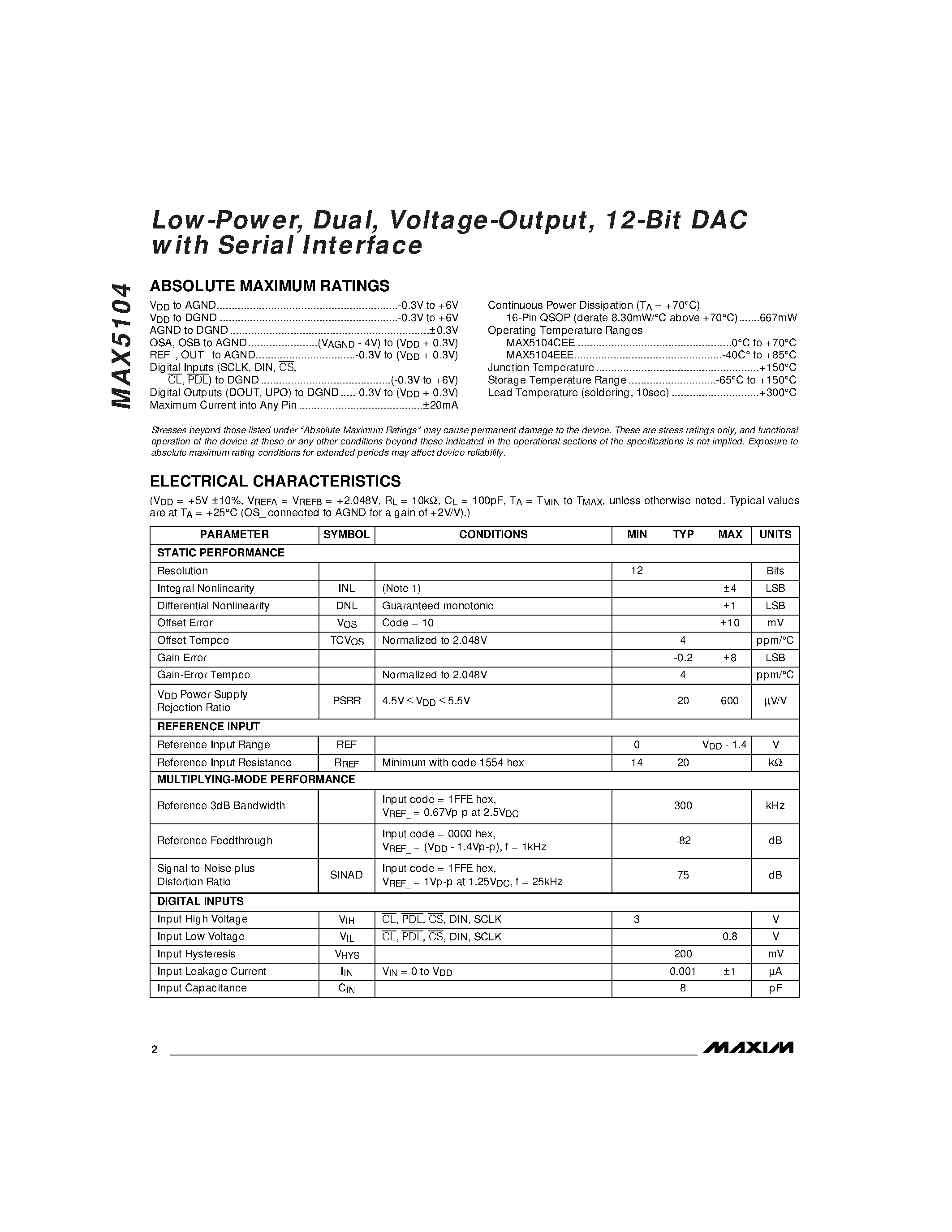 Datasheet MAX5104 - Low-Power / Dual / Voltage-Output / 12-Bit DAC with Serial Interface page 2