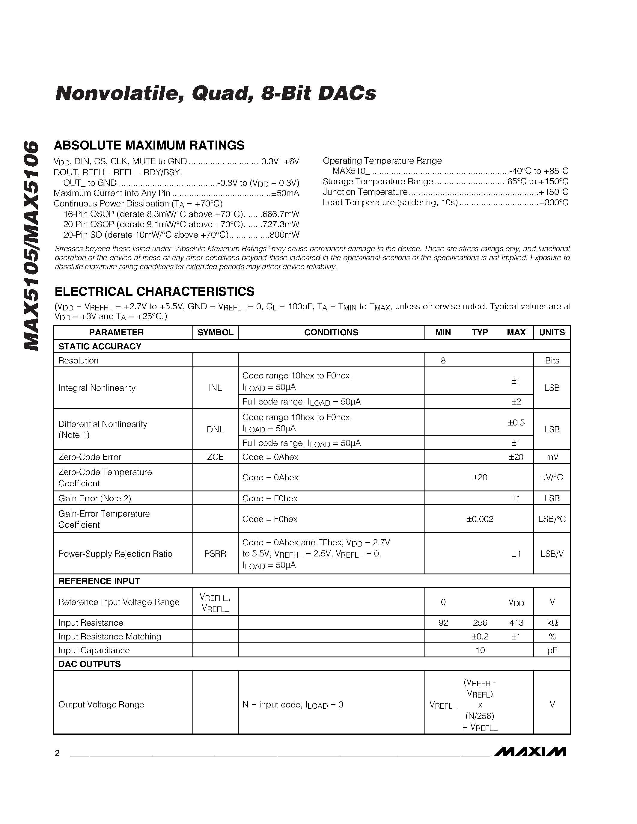 Datasheet MAX5105 page 2 Datasheet MAX5105 - Nonvolatile / Quad / 8-Bit DACs page 2