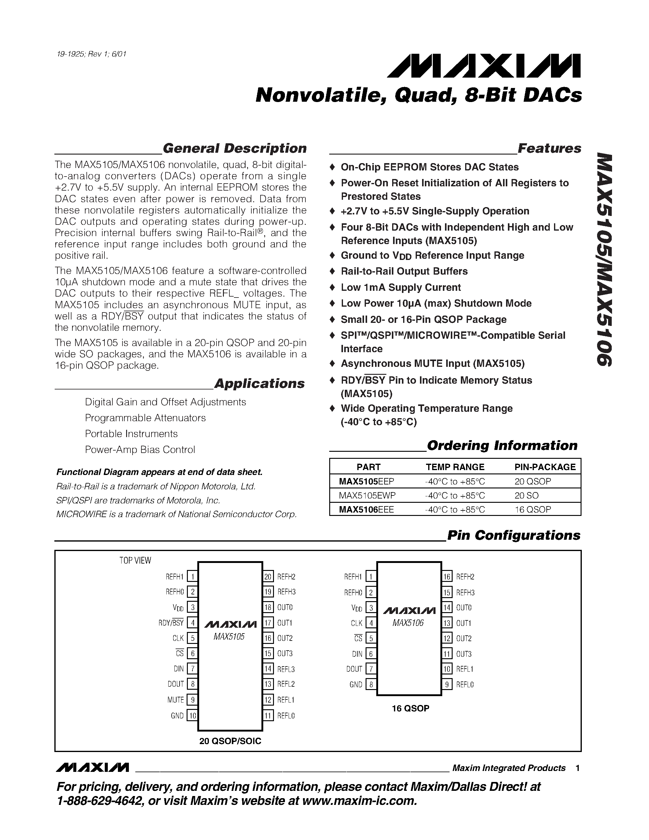 Datasheet MAX5106 - Nonvolatile / Quad / 8-Bit DACs page 1
