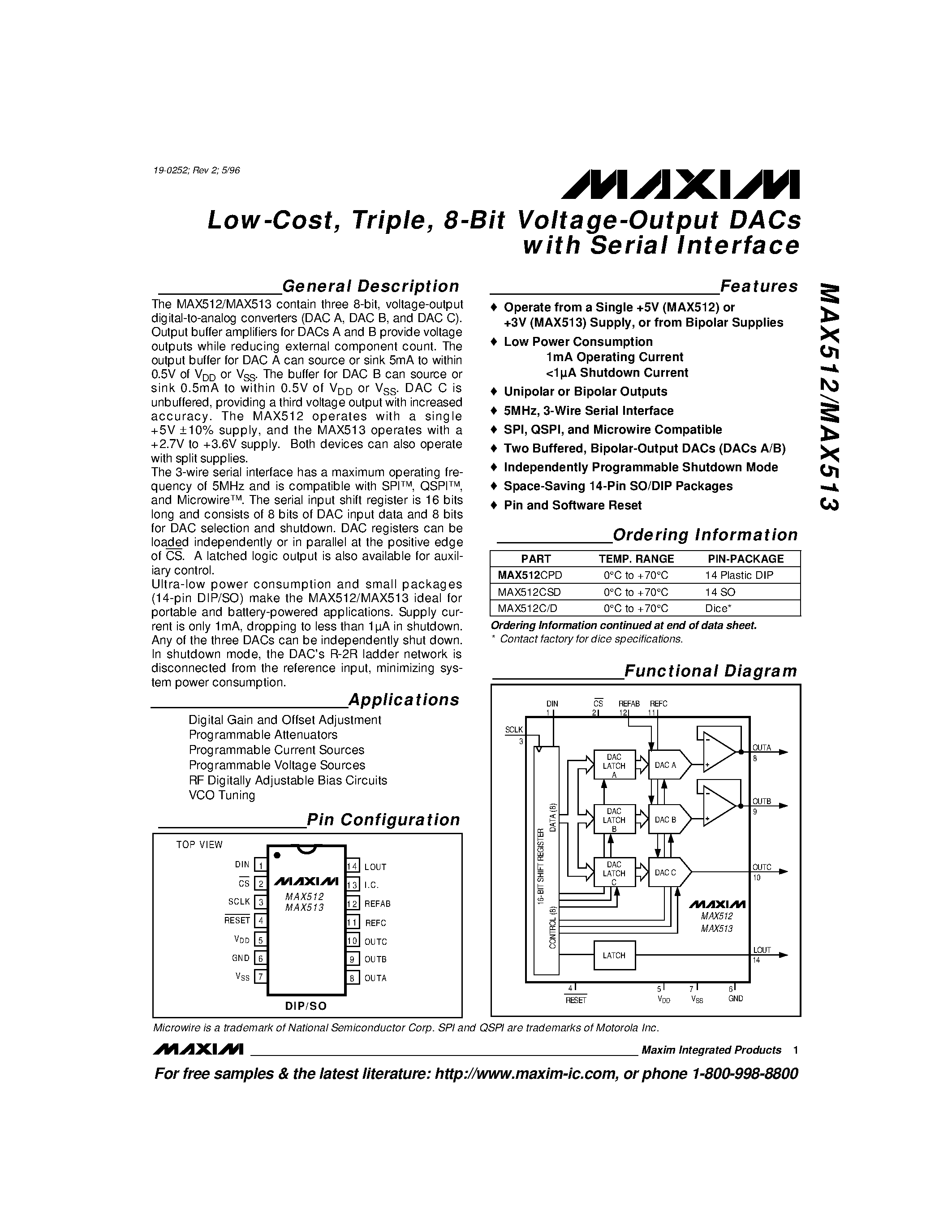 Datasheet MAX512 page 1 Datasheet MAX512 - Low-Cost / Triple / 8-Bit Voltage-Output DACs with Serial Interface page 1