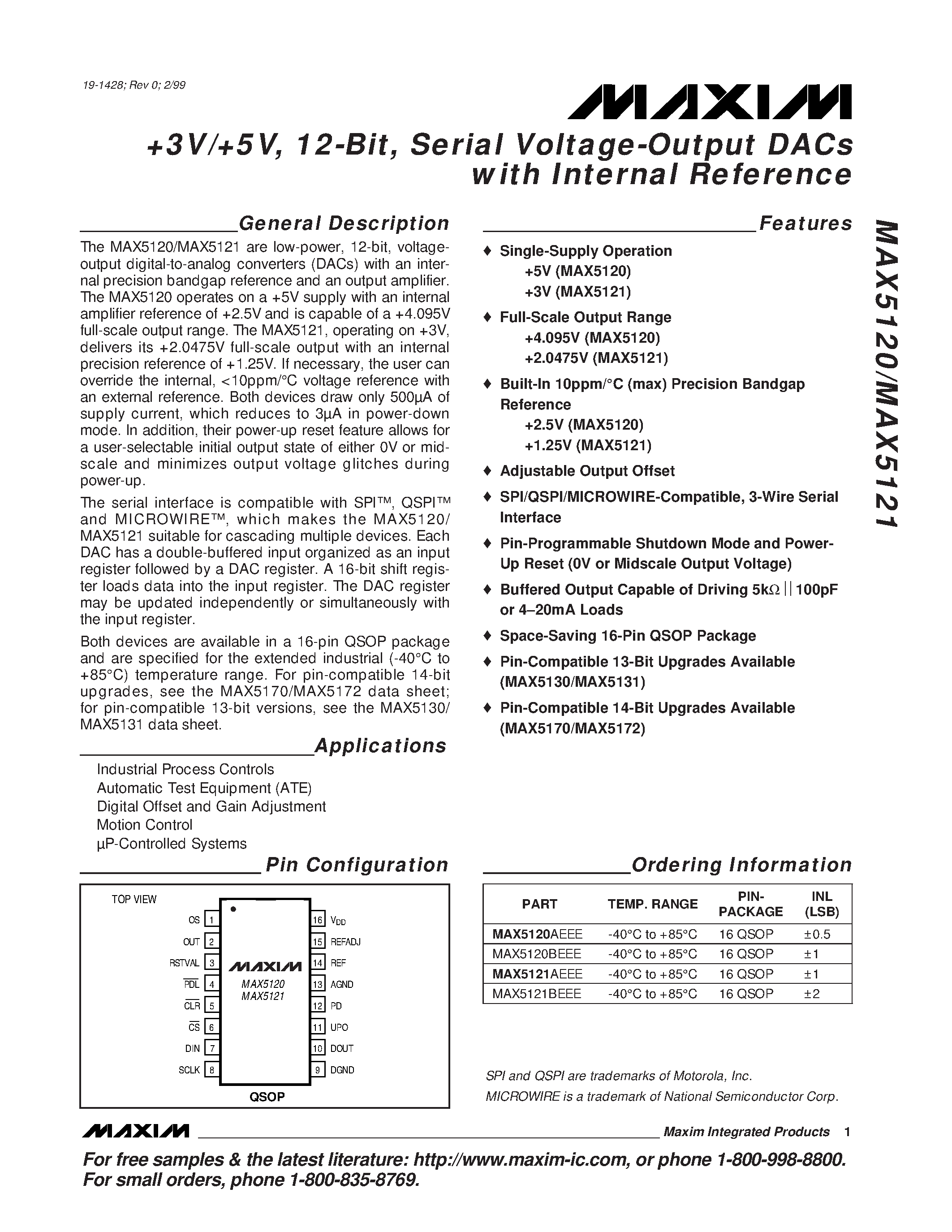Datasheet MAX5120 page 1 Datasheet MAX5120 - +3V/+5V / 12-Bit / Serial Voltage-Output DACs with Internal Reference page 1