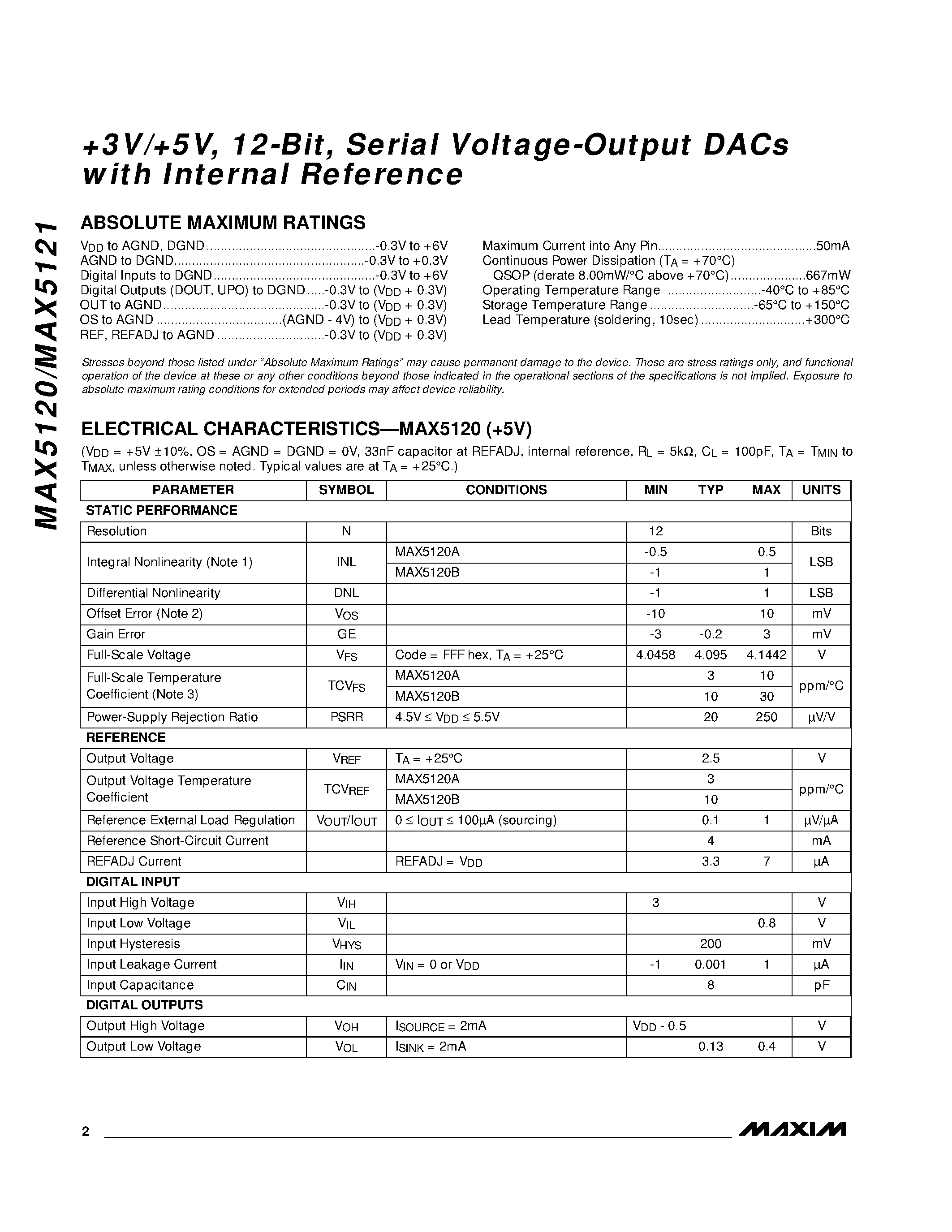 Datasheet MAX5121AEEE page 2 Datasheet MAX5121AEEE - +3V/+5V / 12-Bit / Serial Voltage-Output DACs with Internal Reference page 2