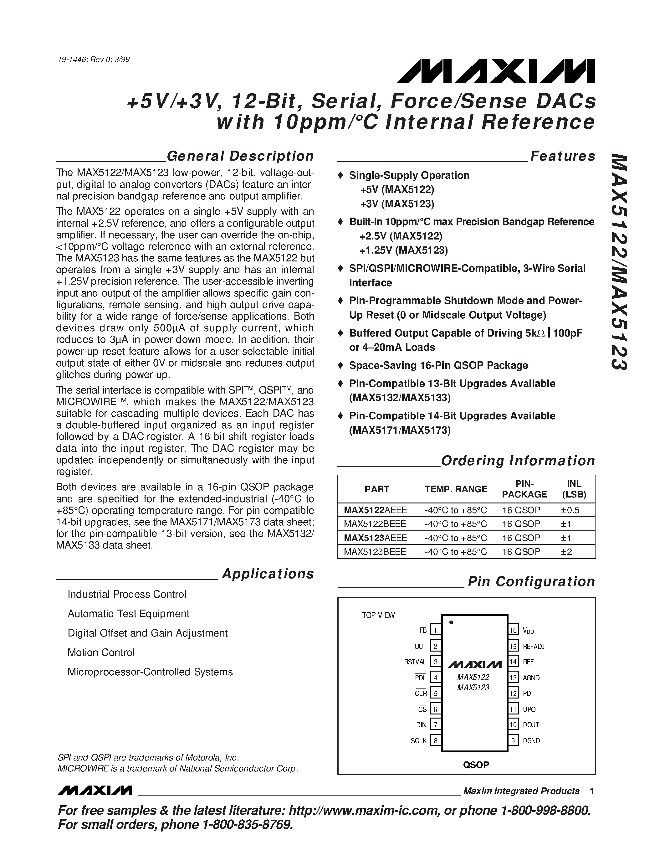 Datasheet MAX5123BEEE page 1 Datasheet MAX5123BEEE - +5V/+3V / 12-Bit / Serial / Force/Sense DACs with 10ppm/C Internal Reference page 1