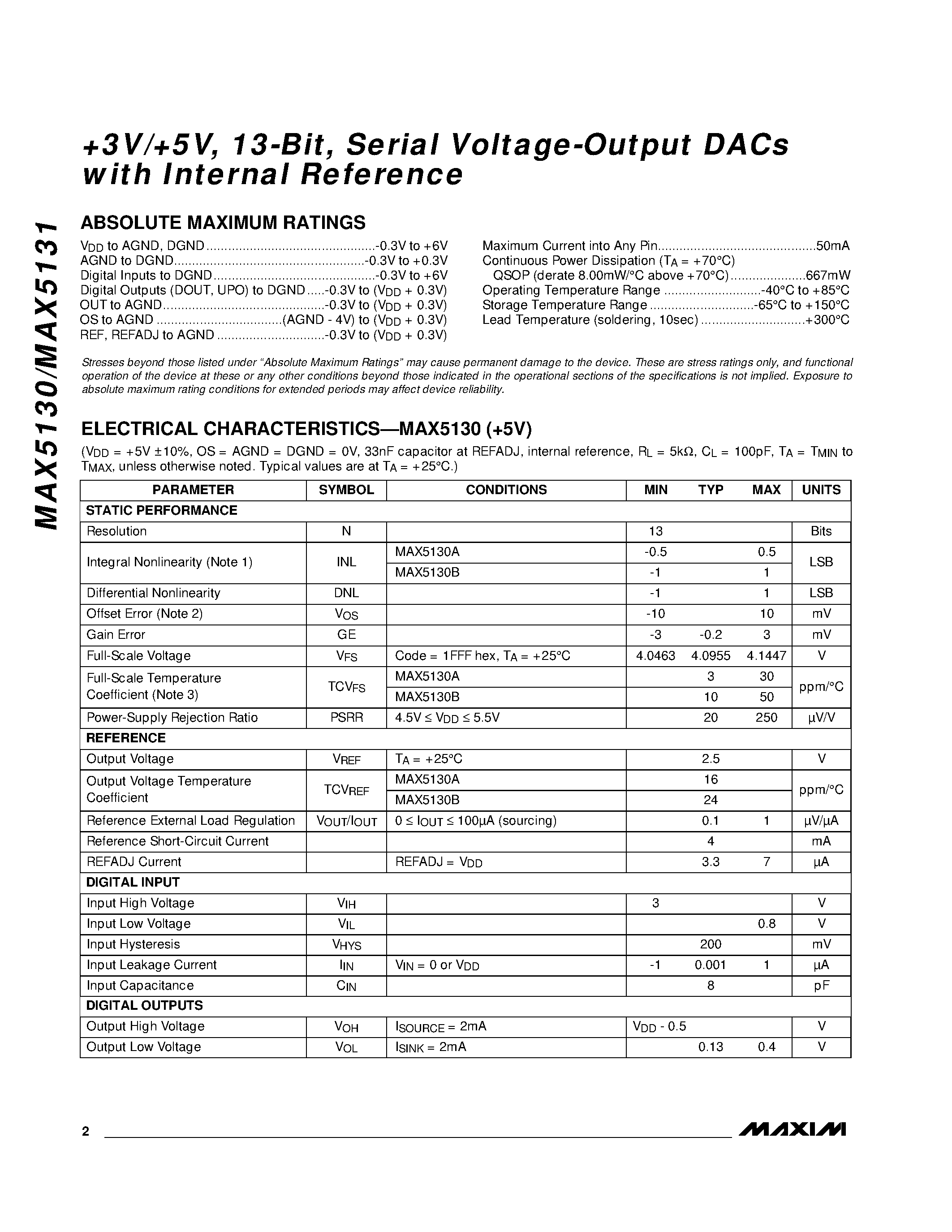 Datasheet MAX5131AEEE page 2 Datasheet MAX5131AEEE - +3V/+5V / 13-Bit / Serial Voltage-Output DACs with Internal Reference page 2
