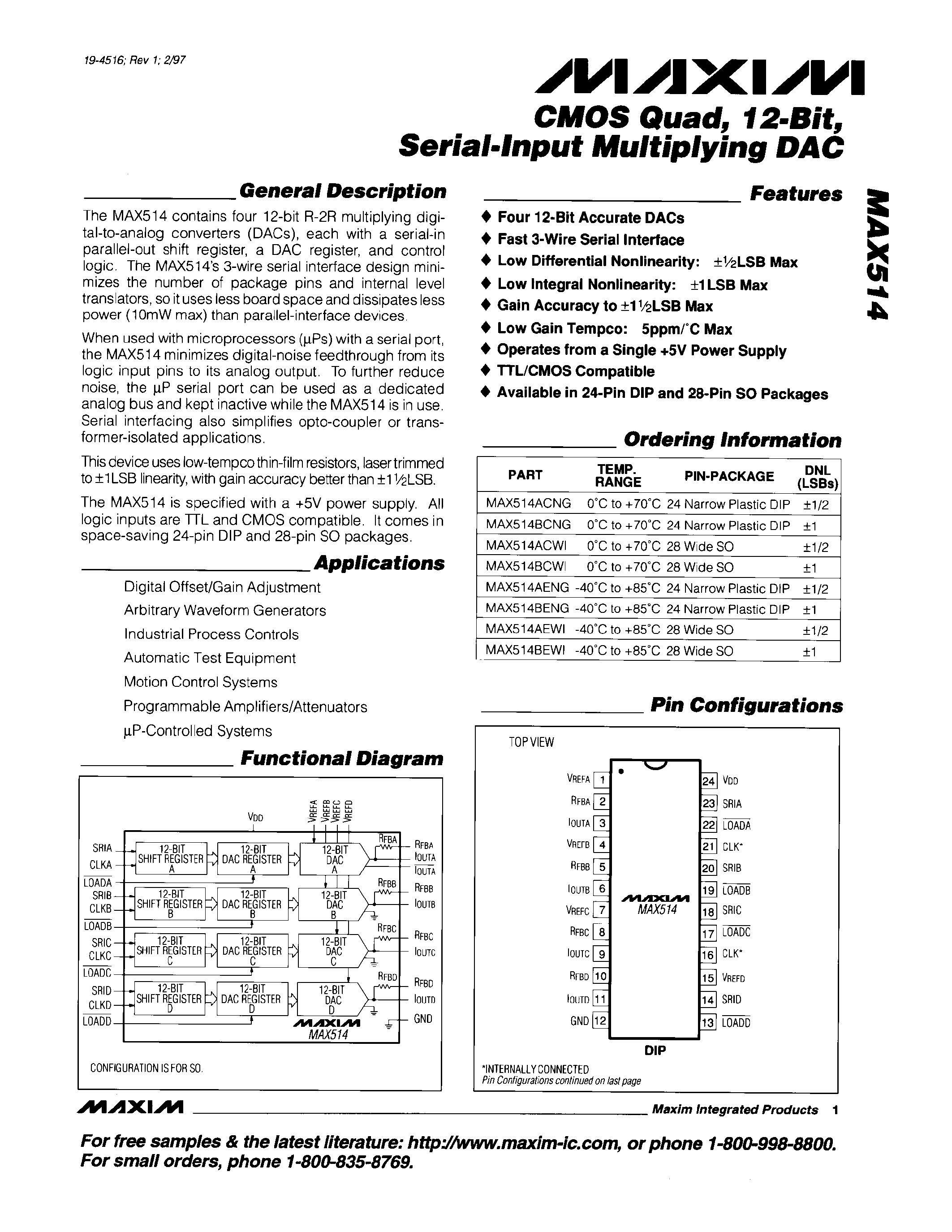 Datasheet MAX514 - CMOS Quad / 12-Bit / Serial-Input Multiplying DAC page 1