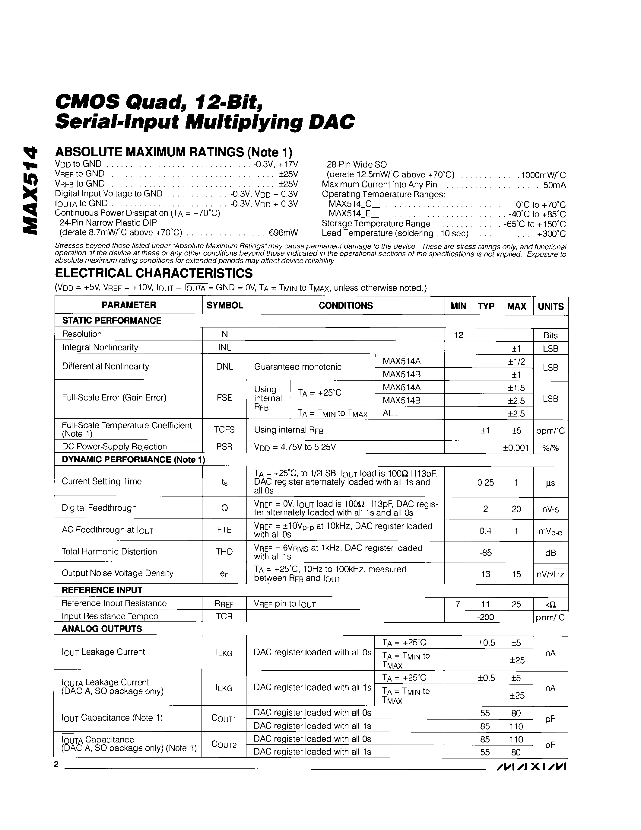 Datasheet MAX514 - CMOS Quad / 12-Bit / Serial-Input Multiplying DAC page 2