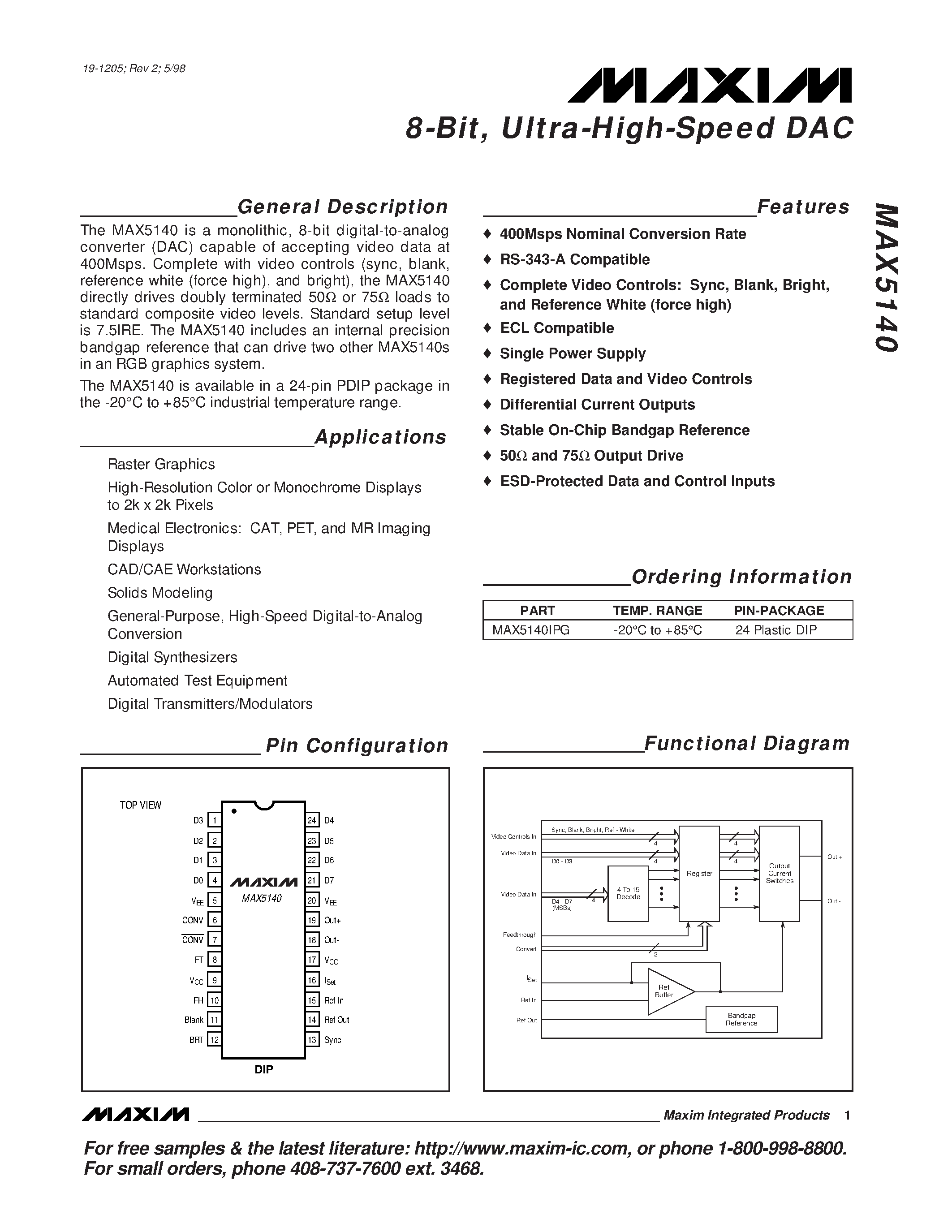 Datasheet MAX5140 - 8-Bit / Ultra-High-Speed DAC page 1