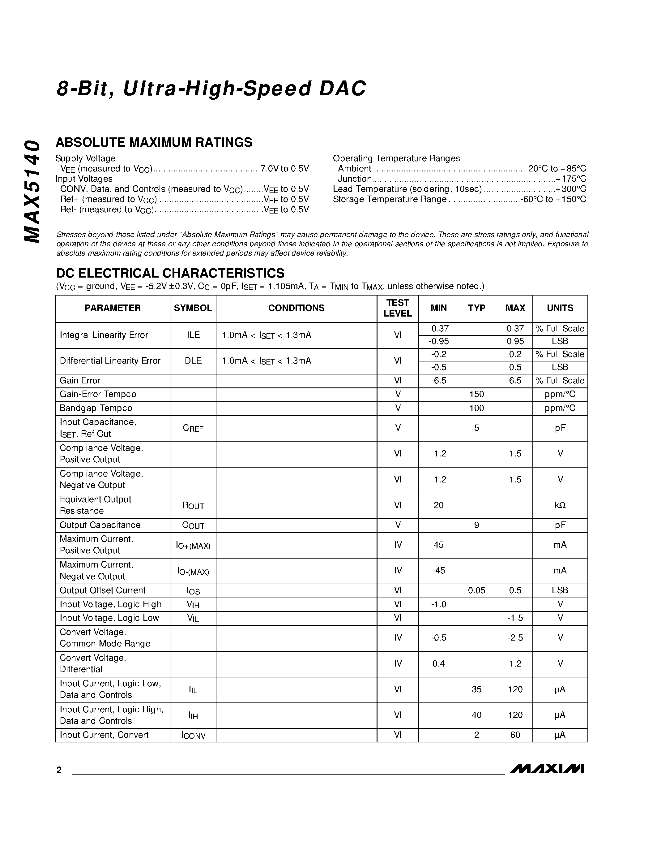 Datasheet MAX5140 - 8-Bit / Ultra-High-Speed DAC page 2