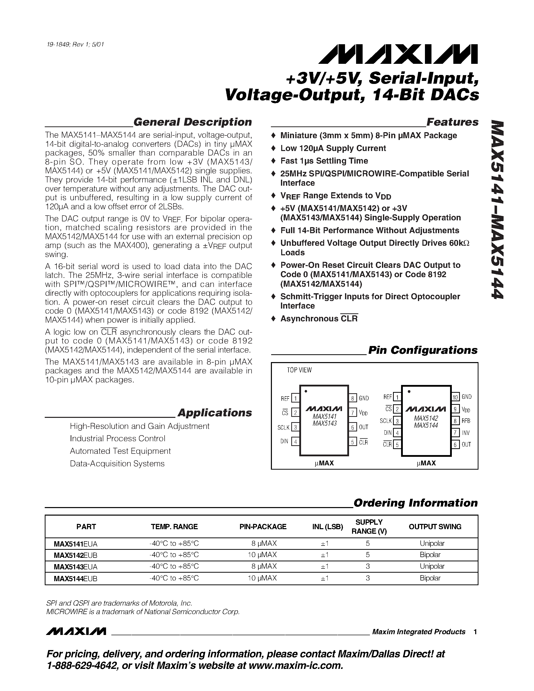 Datasheet MAX5141 - +3V/+5V / Serial-Input / Voltage-Output / 14-Bit DACs page 1