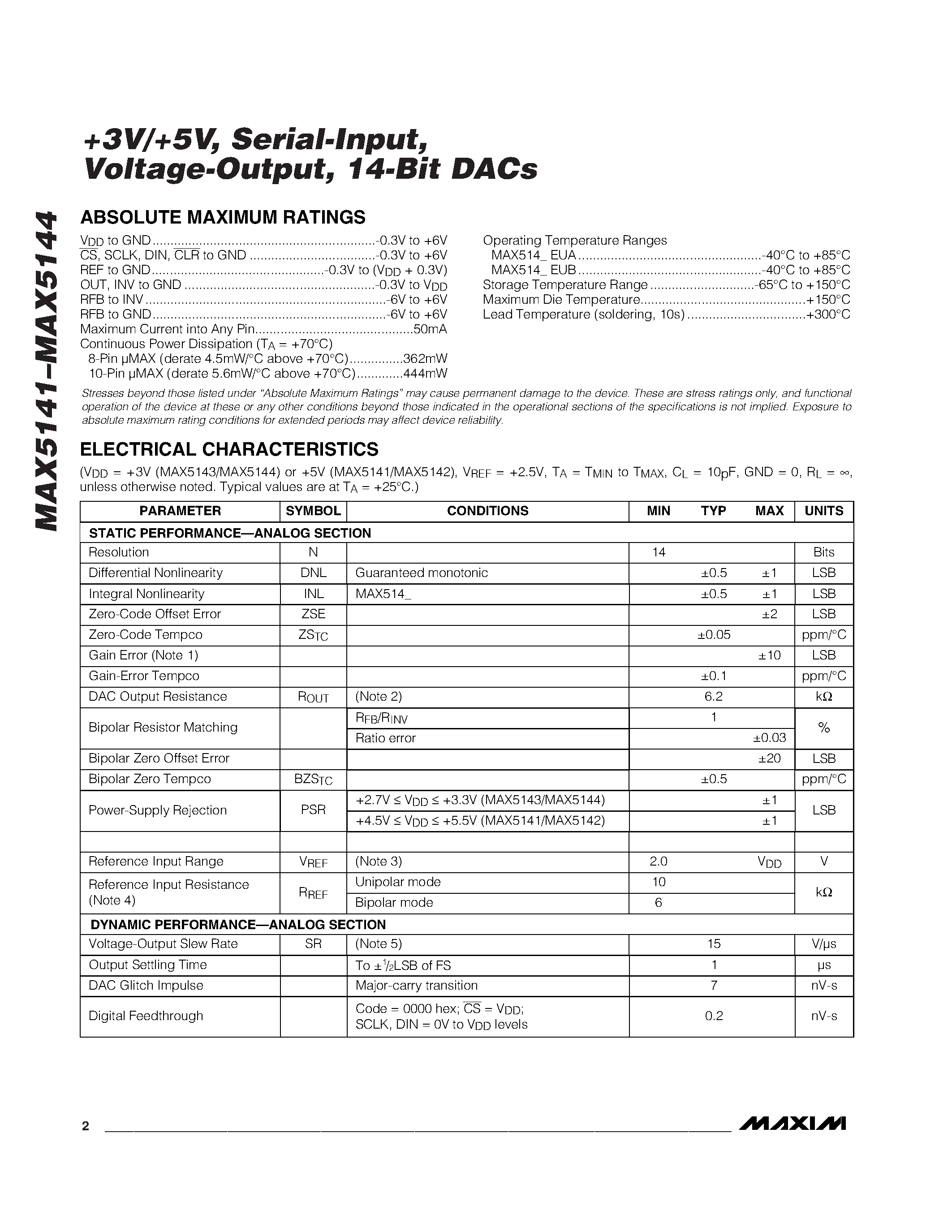 Datasheet MAX5141 - +3V/+5V / Serial-Input / Voltage-Output / 14-Bit DACs page 2