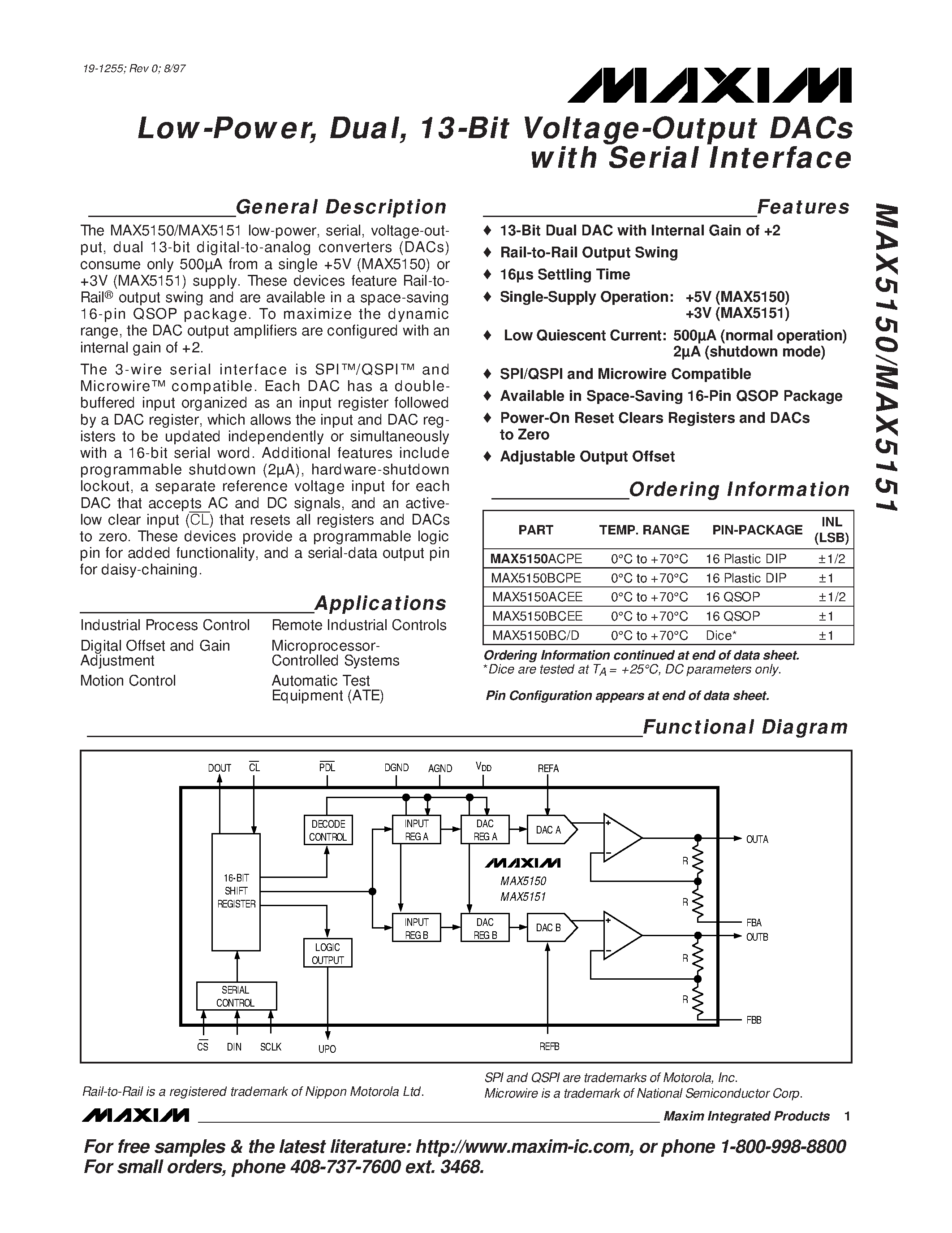 Datasheet MAX5150 page 1 Datasheet MAX5150 - Low-Power / Dual / 13-Bit Voltage-Output DACs with Serial Interface page 1