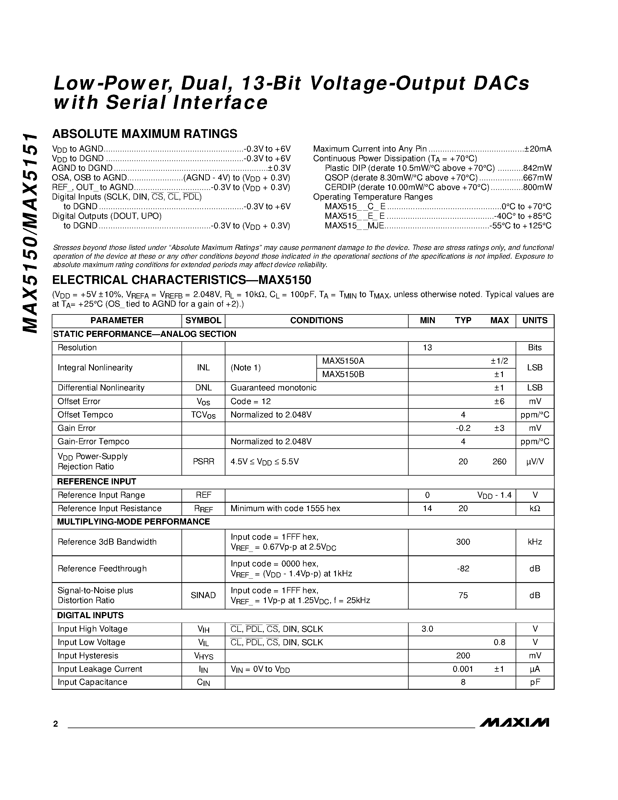 Datasheet MAX5150 page 2 Datasheet MAX5150 - Low-Power / Dual / 13-Bit Voltage-Output DACs with Serial Interface page 2