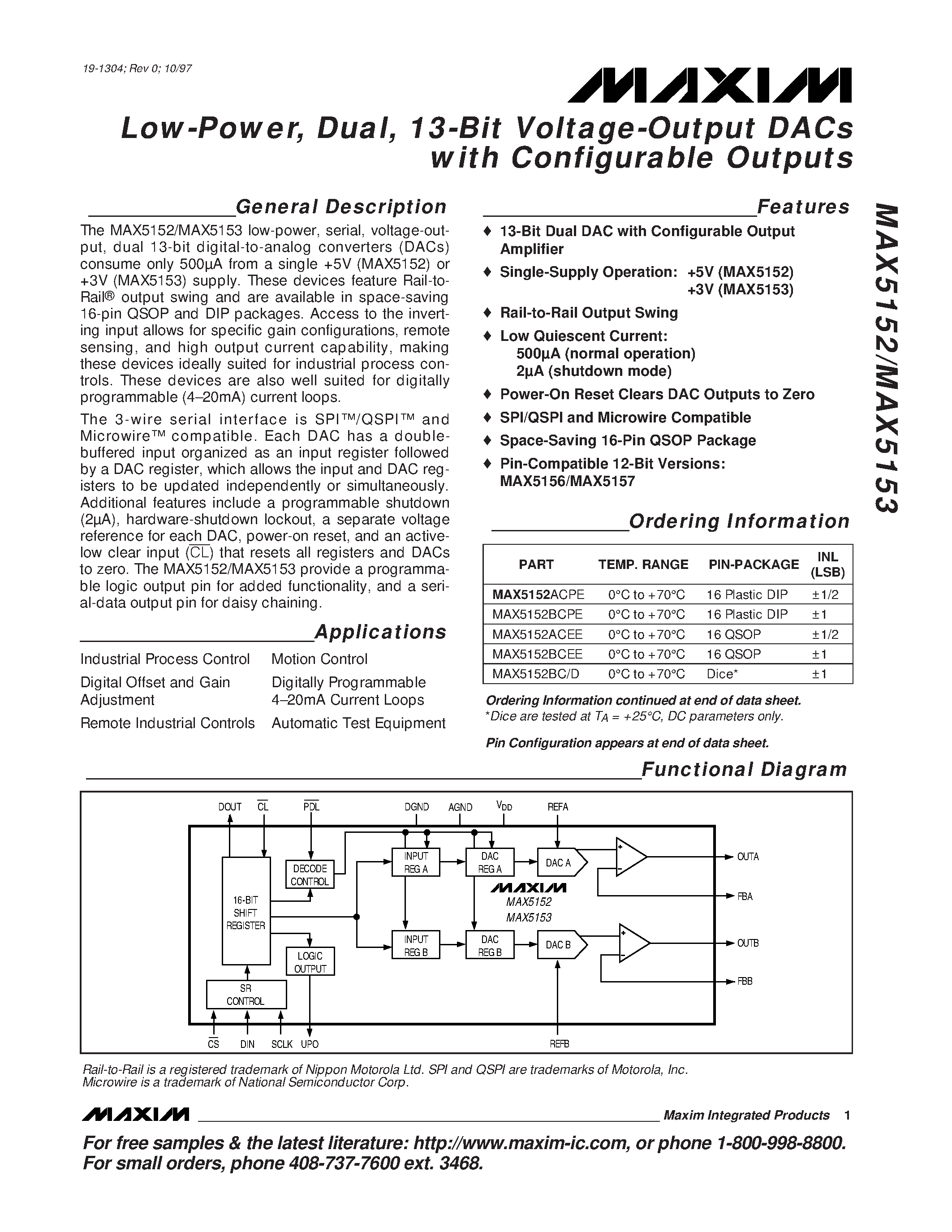 Datasheet MAX5152 - Low-Power / Dual / 13-Bit Voltage-Output DACs with Configurable Outputs page 1