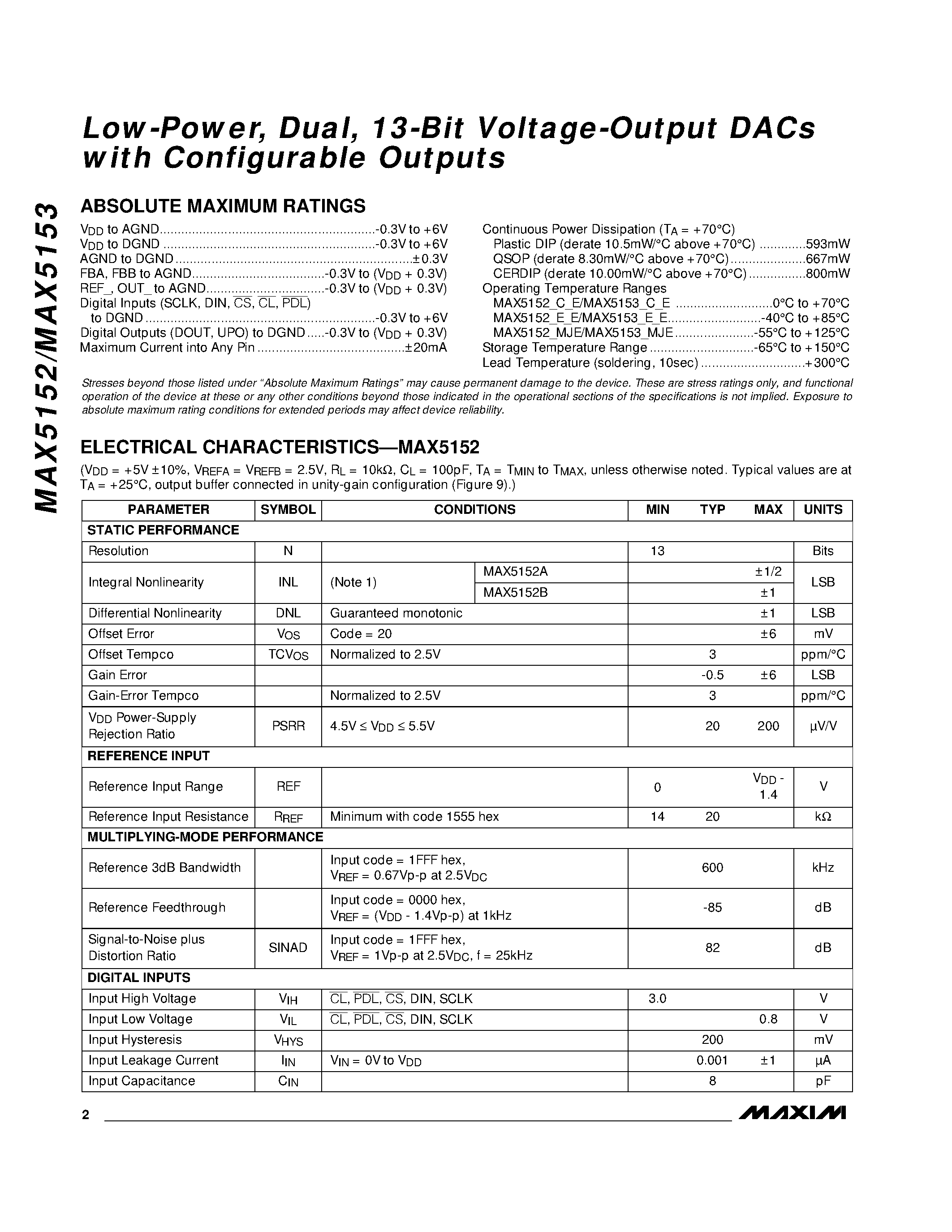 Datasheet MAX5152 - Low-Power / Dual / 13-Bit Voltage-Output DACs with Configurable Outputs page 2