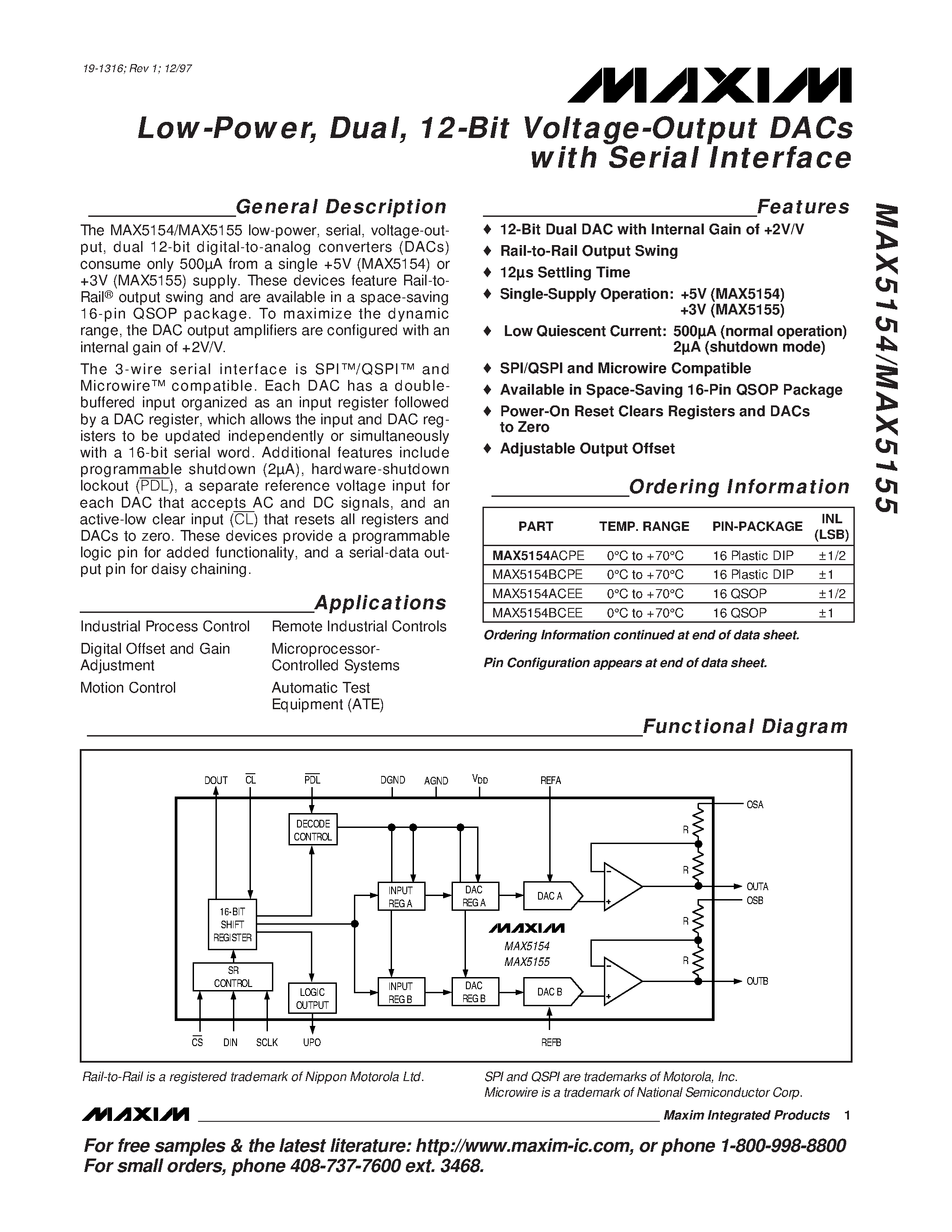 Datasheet MAX5154 - Low-Power / Dual / 12-Bit Voltage-Output DACs with Serial Interface page 1