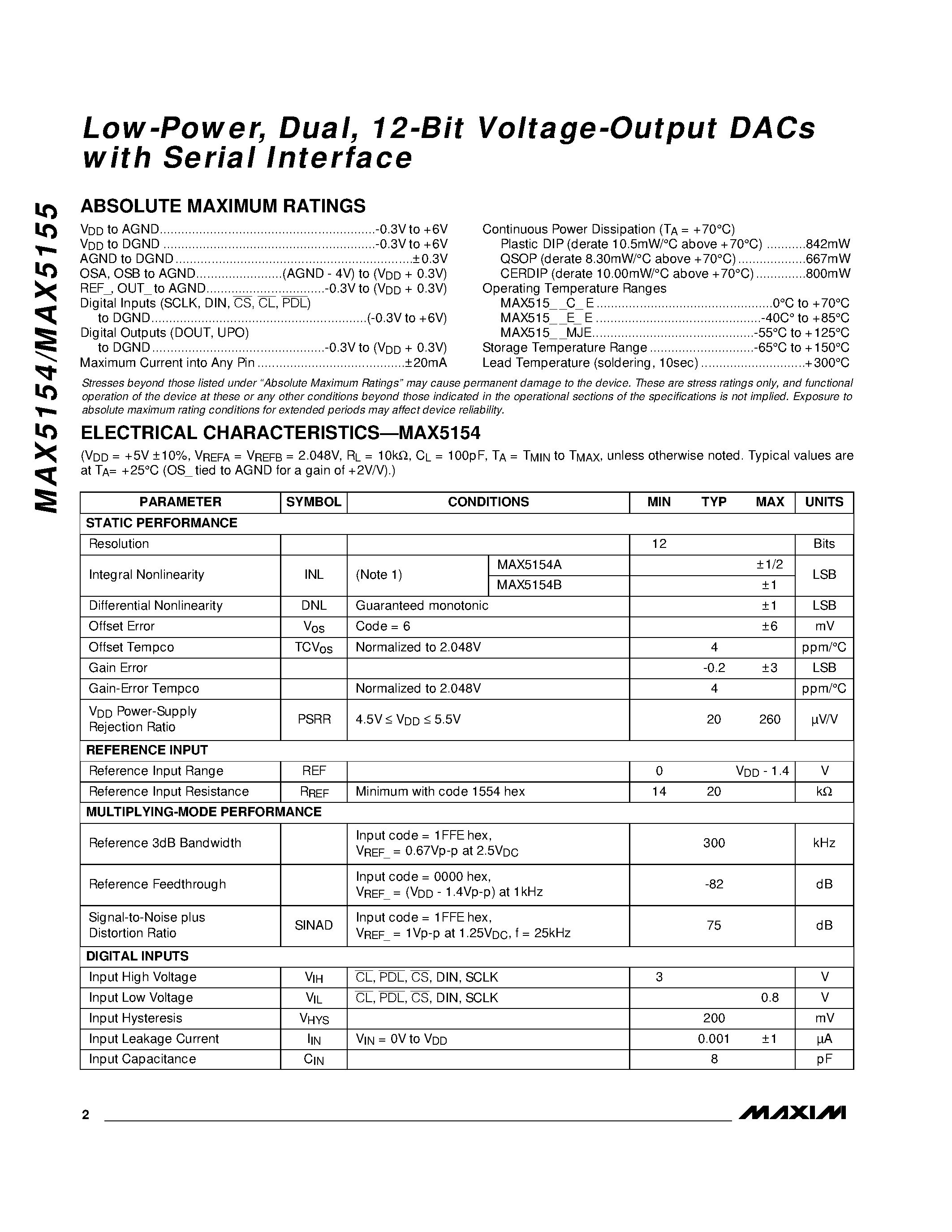 Datasheet MAX5154 - Low-Power / Dual / 12-Bit Voltage-Output DACs with Serial Interface page 2