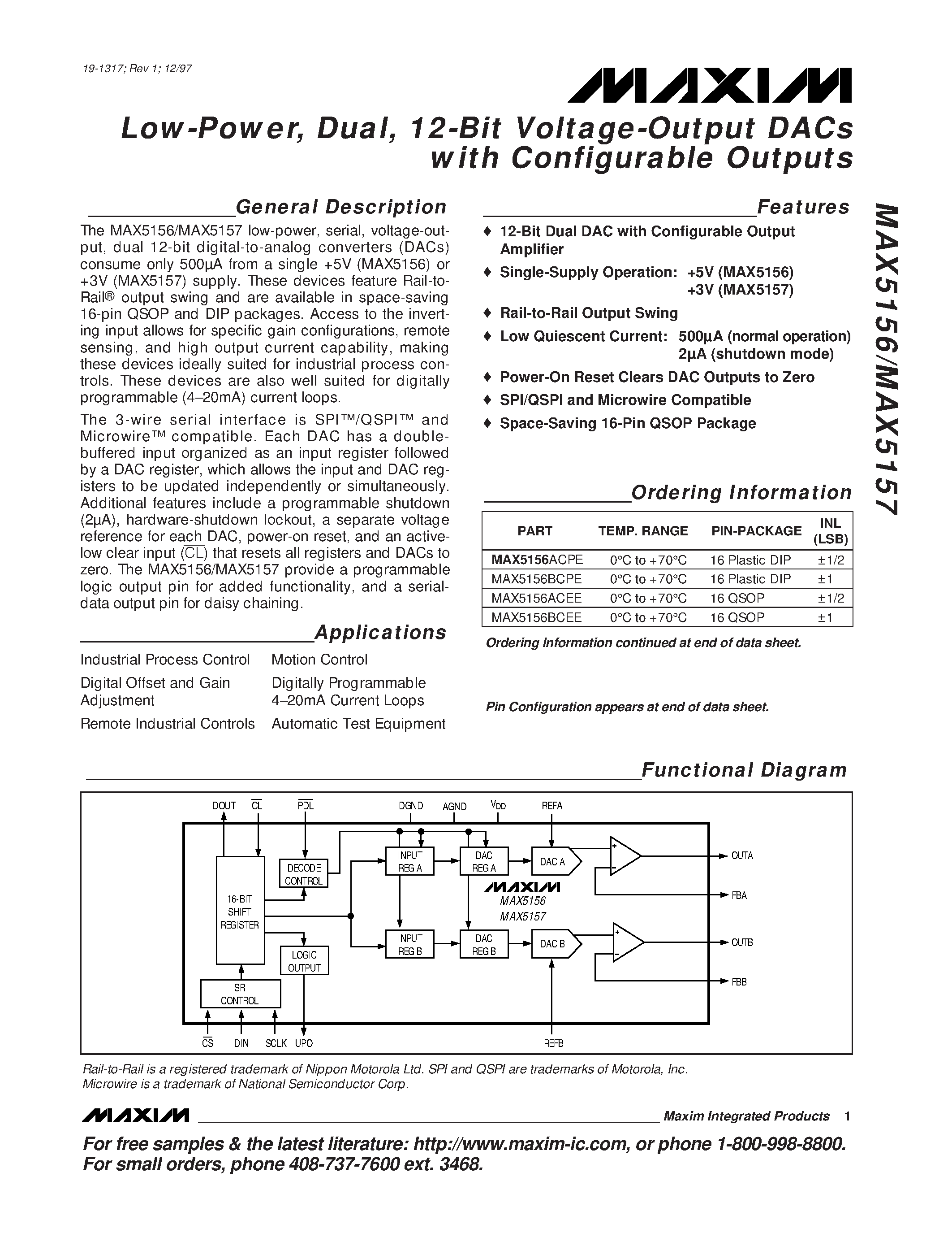 Datasheet MAX5157 page 1 Datasheet MAX5157 - Low-Power / Dual / 12-Bit Voltage-Output DACs with Configurable Outputs page 1