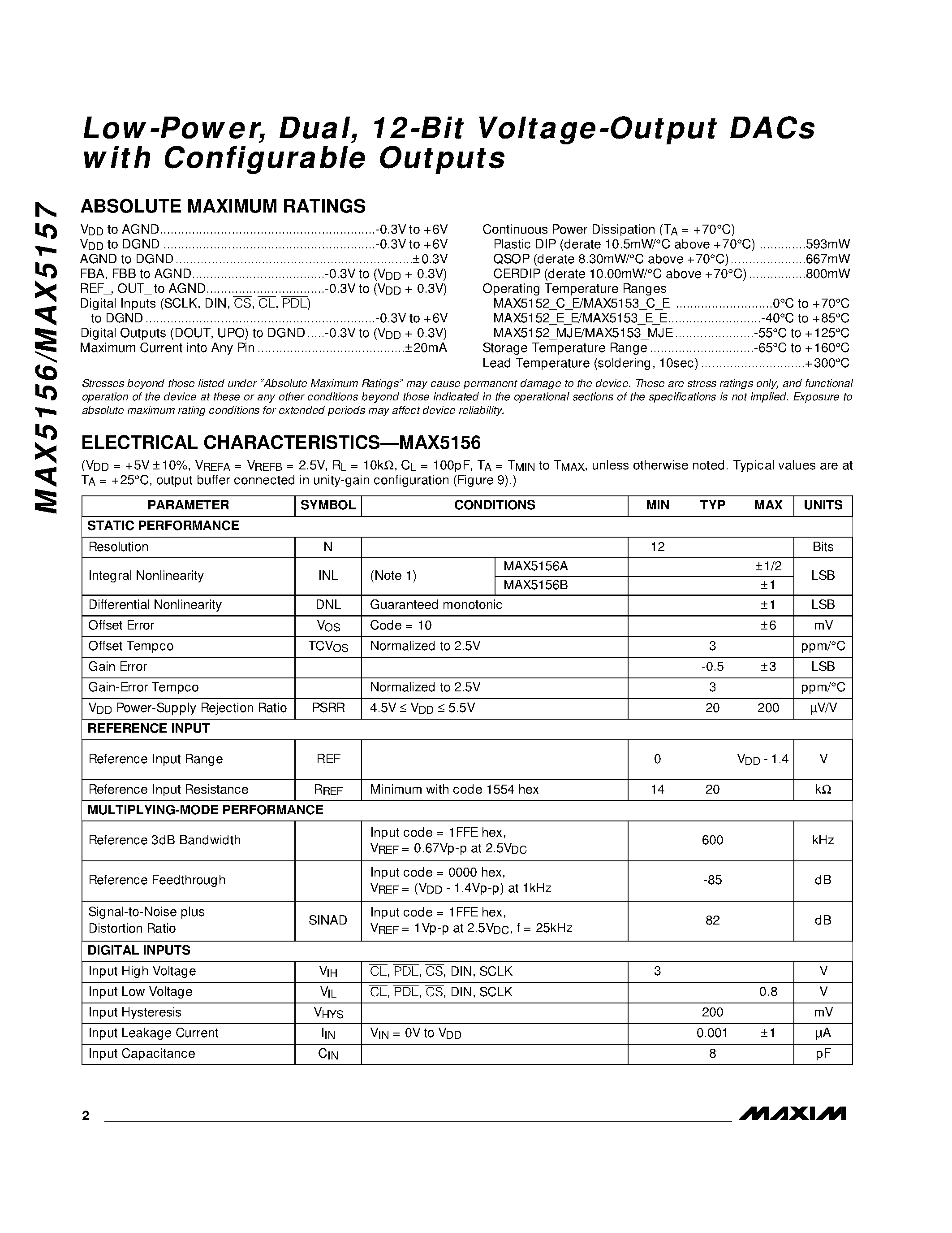 Datasheet MAX5157 page 2 Datasheet MAX5157 - Low-Power / Dual / 12-Bit Voltage-Output DACs with Configurable Outputs page 2