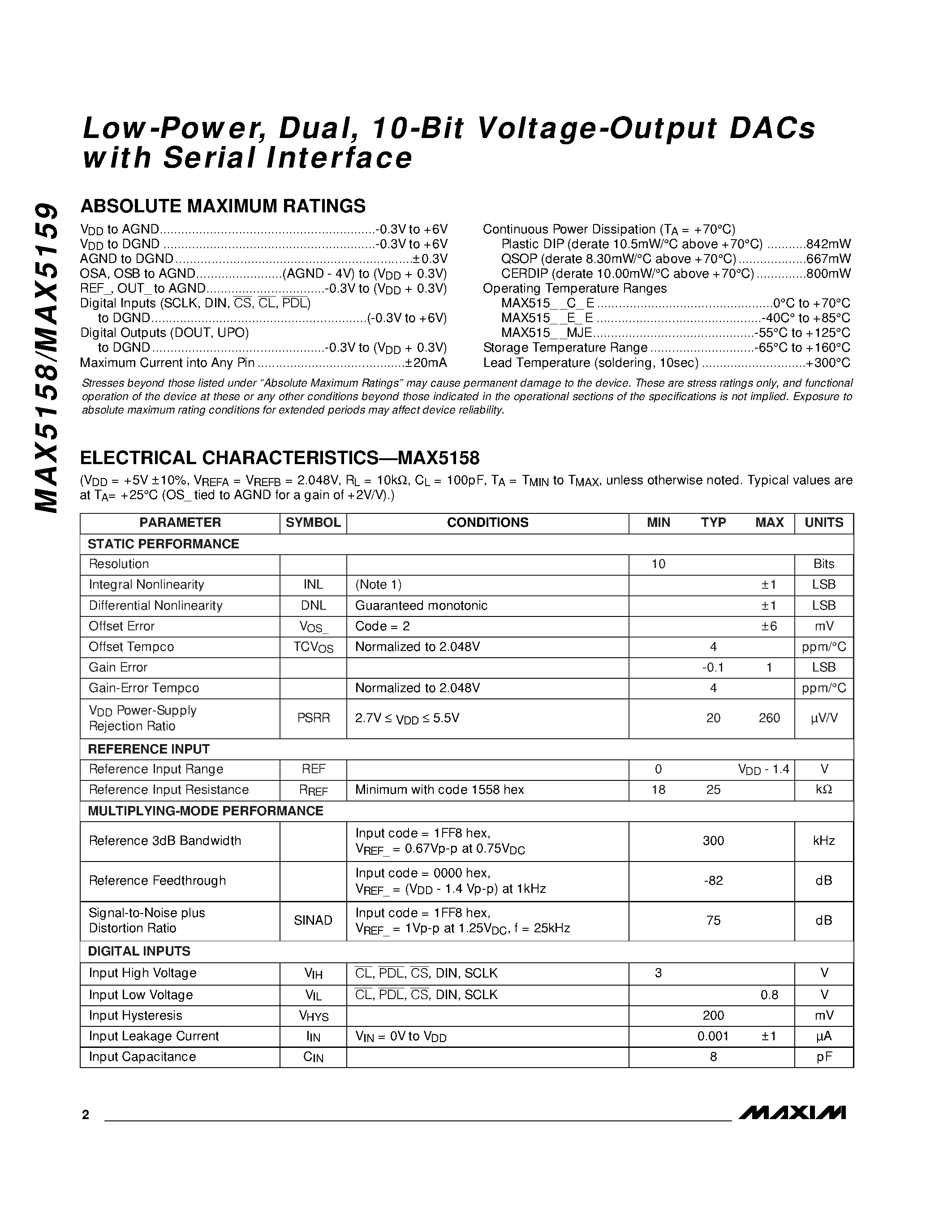 Datasheet MAX5158 - Low-Power / Dual / 10-Bit / Voltage-Output DACs with Serial Interface page 2