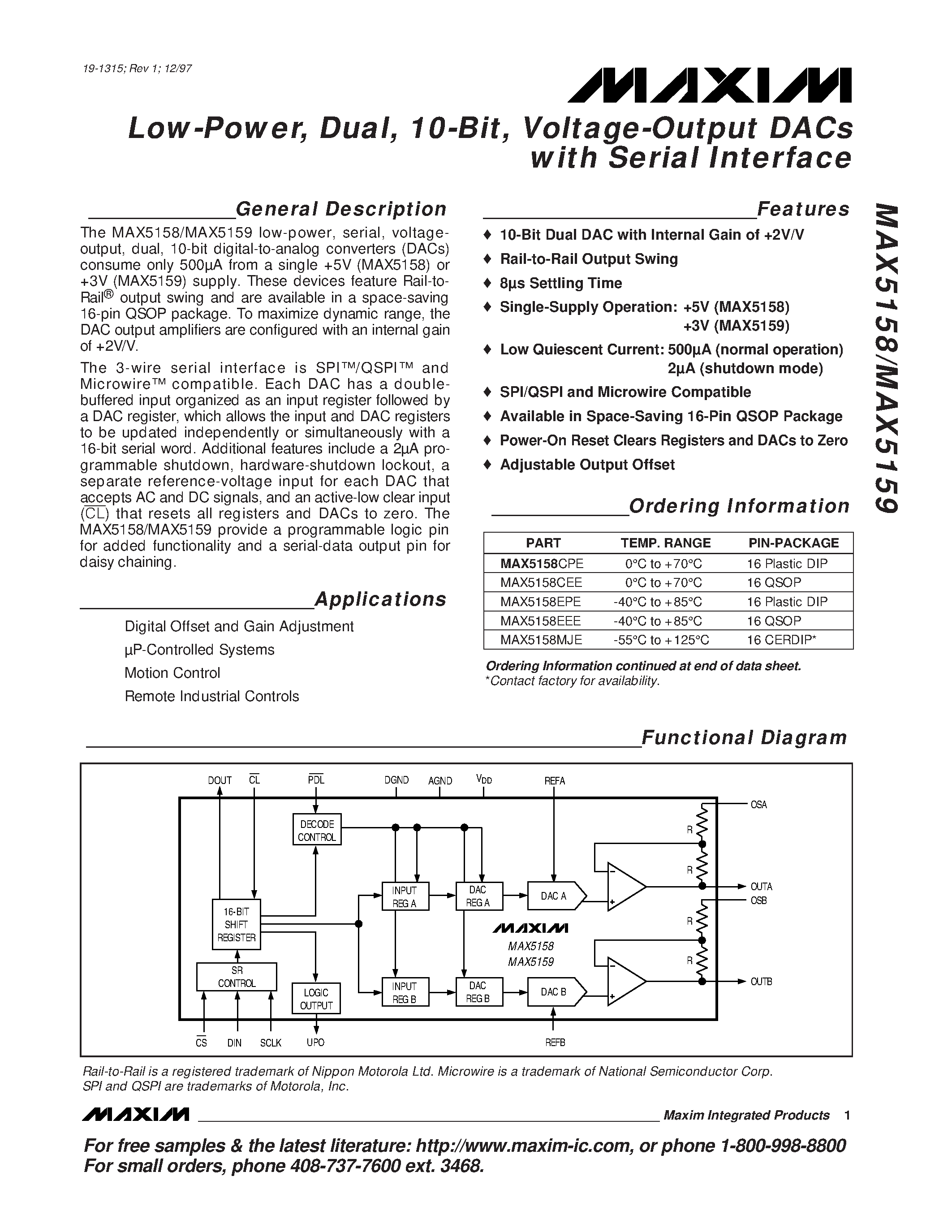 Datasheet MAX5159 page 1 Datasheet MAX5159 - Low-Power / Dual / 10-Bit / Voltage-Output DACs with Serial Interface page 1