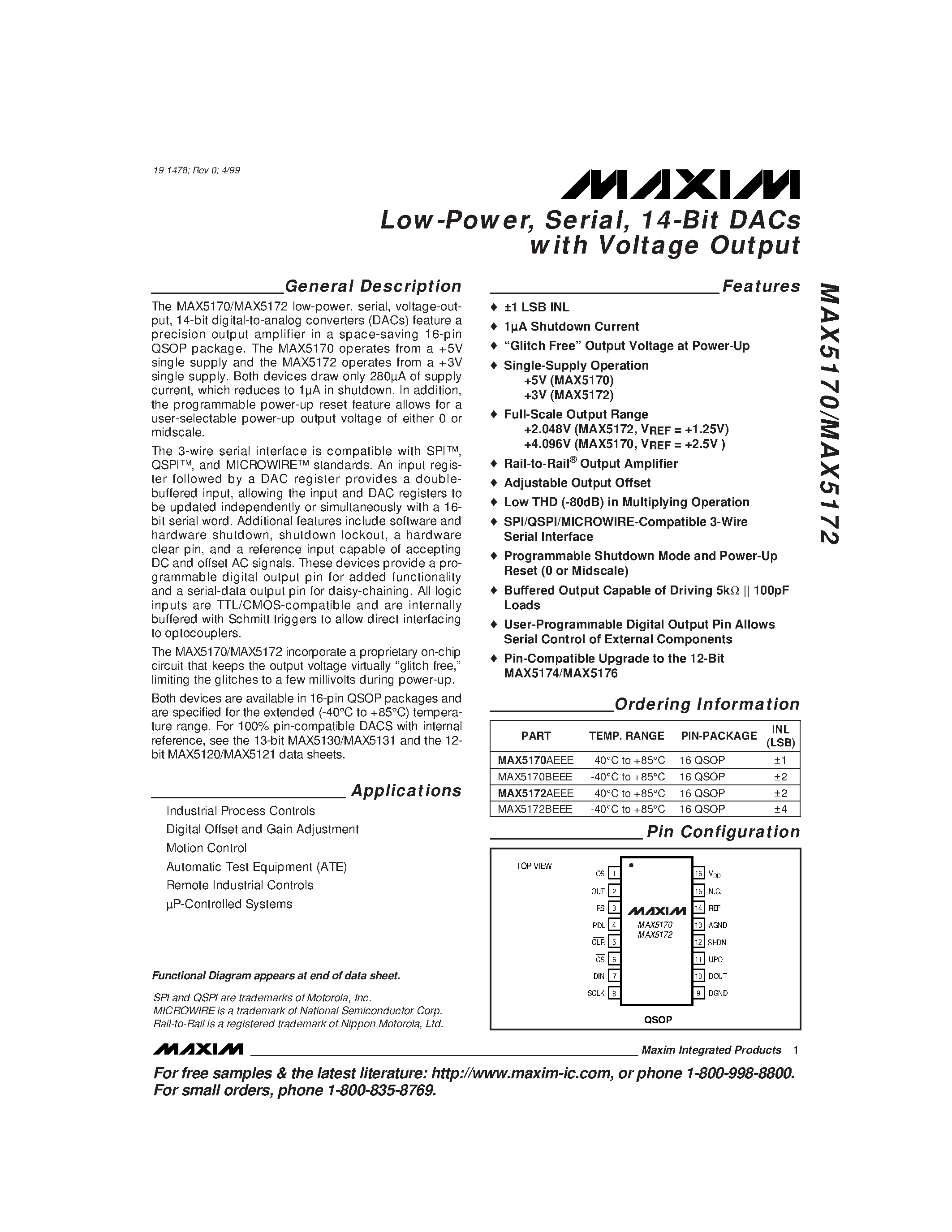 Datasheet MAX5170 page 1 Datasheet MAX5170 - Low-Power / Serial / 14-Bit DACs with Voltage Output page 1