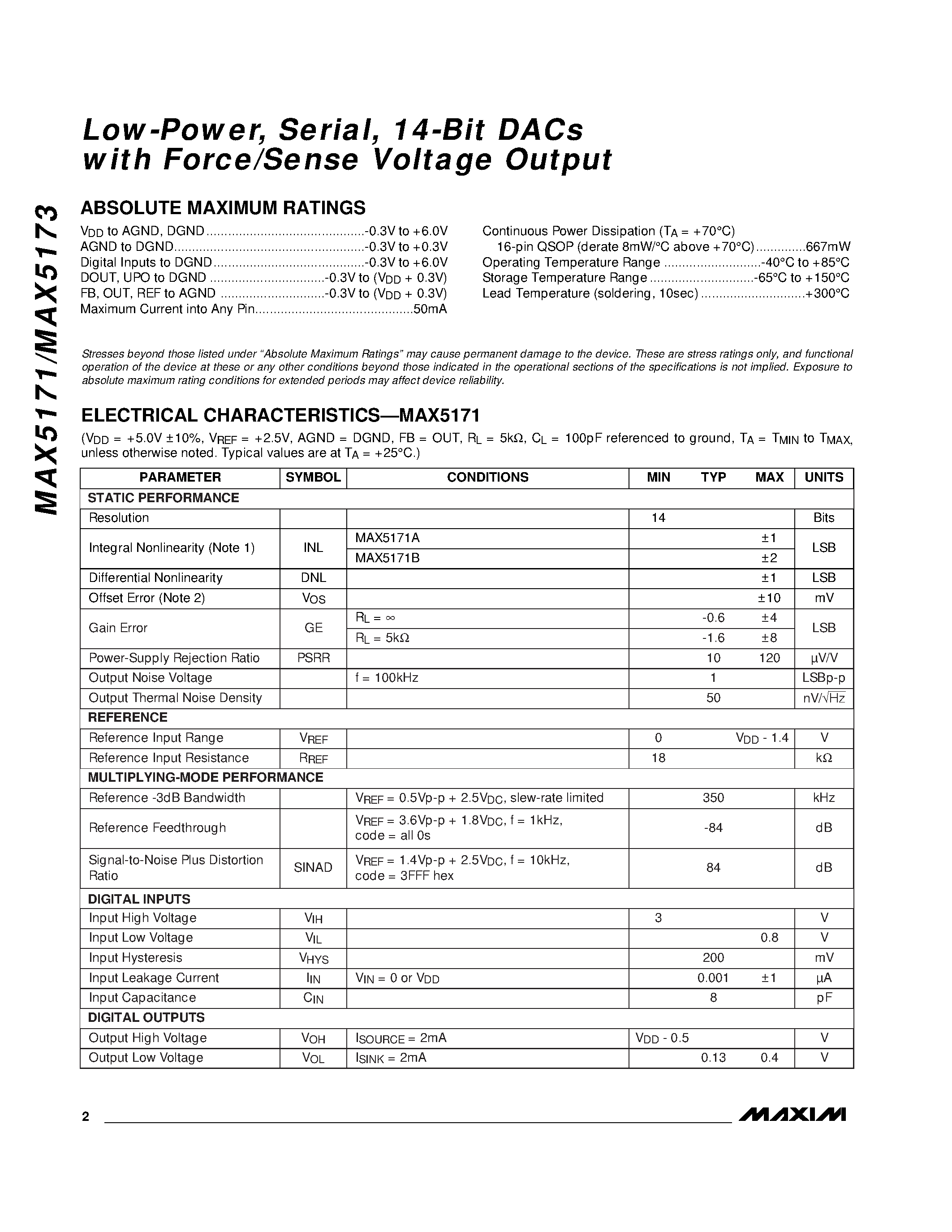 Datasheet MAX5171BEEE page 2 Datasheet MAX5171BEEE - Low-Power / Serial / 14-Bit DACs with Force/Sense Voltage Output page 2